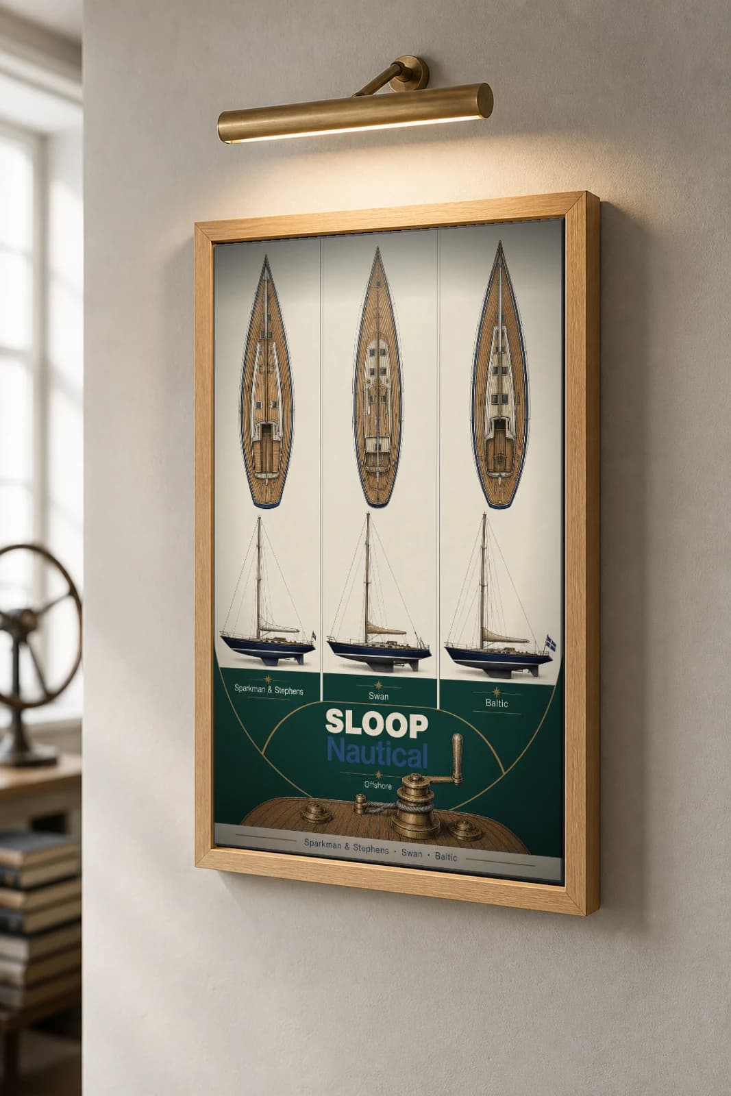 Classic Yacht Sloop Poster — classic car classic car wall art · framed A2 · garage decor — the framed print shown at a three-quarter angle on a styled gallery wall in a natural-oak frame