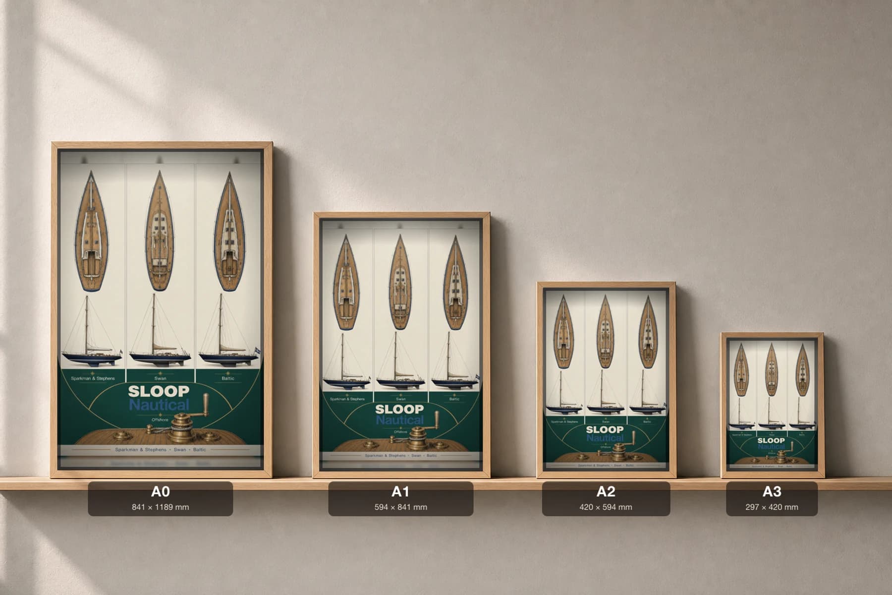 Classic Yacht Sloop Poster — classic car classic car wall art · framed A2 · garage decor — print size guide showing the artwork at A0, A1, A2 and A3 in natural-oak frames at true relative scale