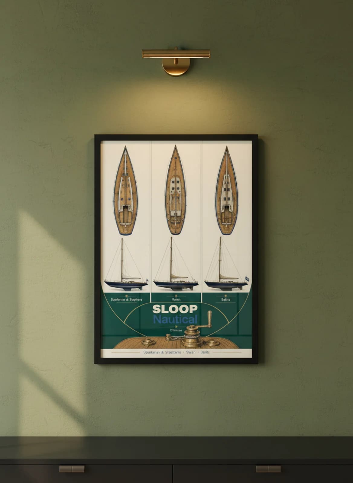 Sloop three-panel gallery set in black A2 frame on forest-green lime-wash wall — Gallery Sets mockup