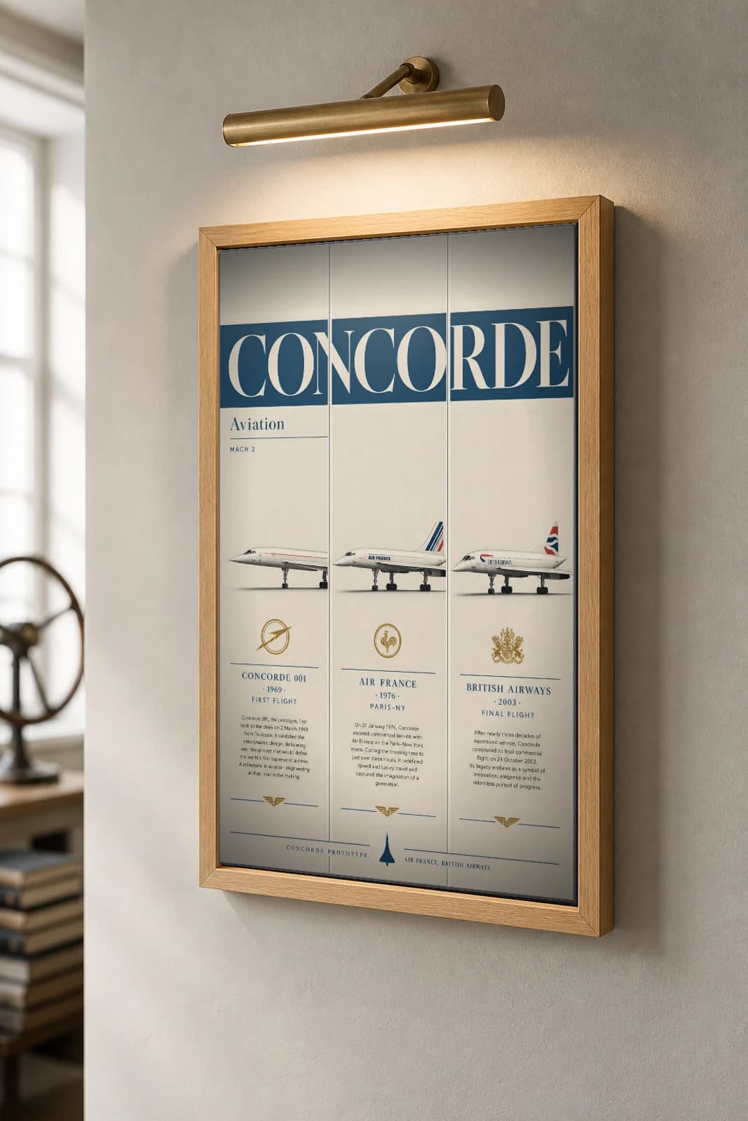 Concorde Poster — Air France · British Airways military aviation wall art · framed A2 · 1969–2003 — the framed print shown at a three-quarter angle on a styled gallery wall in a natural-oak frame