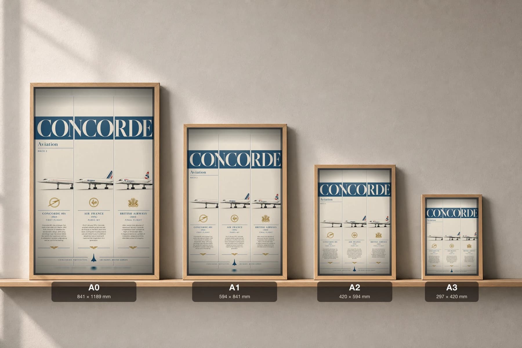 Concorde Poster — Air France · British Airways military aviation wall art · framed A2 · 1969–2003 — print size guide showing the artwork at A0, A1, A2 and A3 in natural-oak frames at true relative scale
