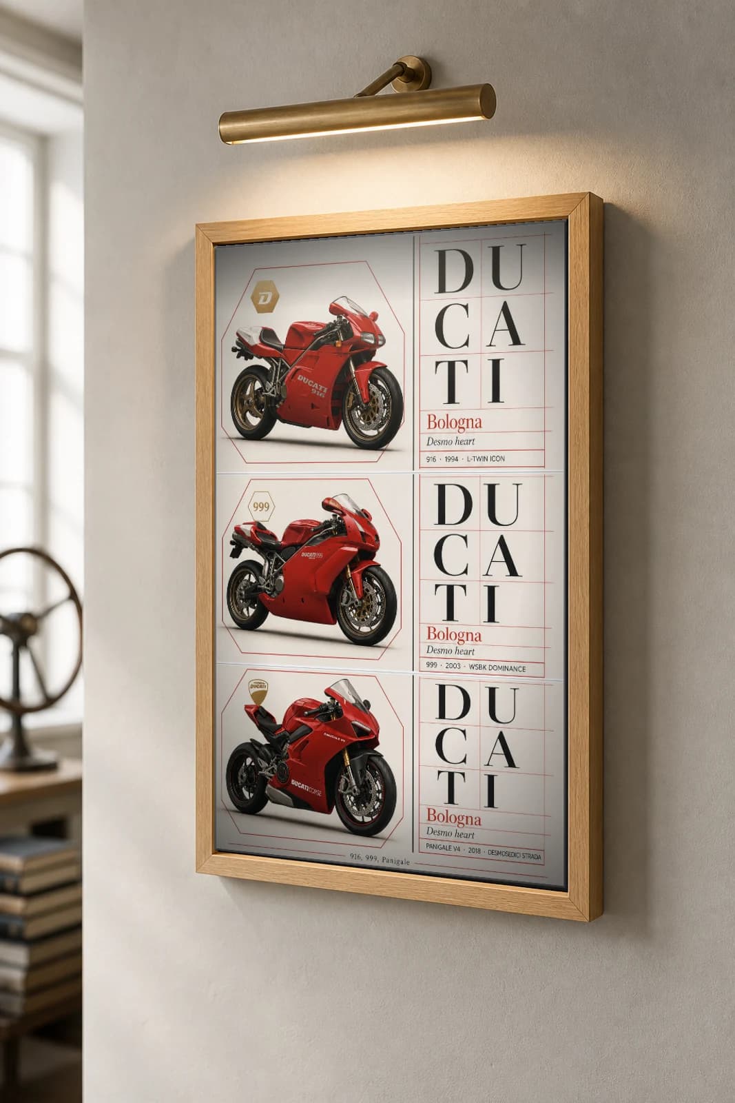 Ducati 916 / 999 / Panigale V4 Poster — superbike WEC racing wall art · #— · framed A2 — the framed print shown at a three-quarter angle on a styled gallery wall in a natural-oak frame