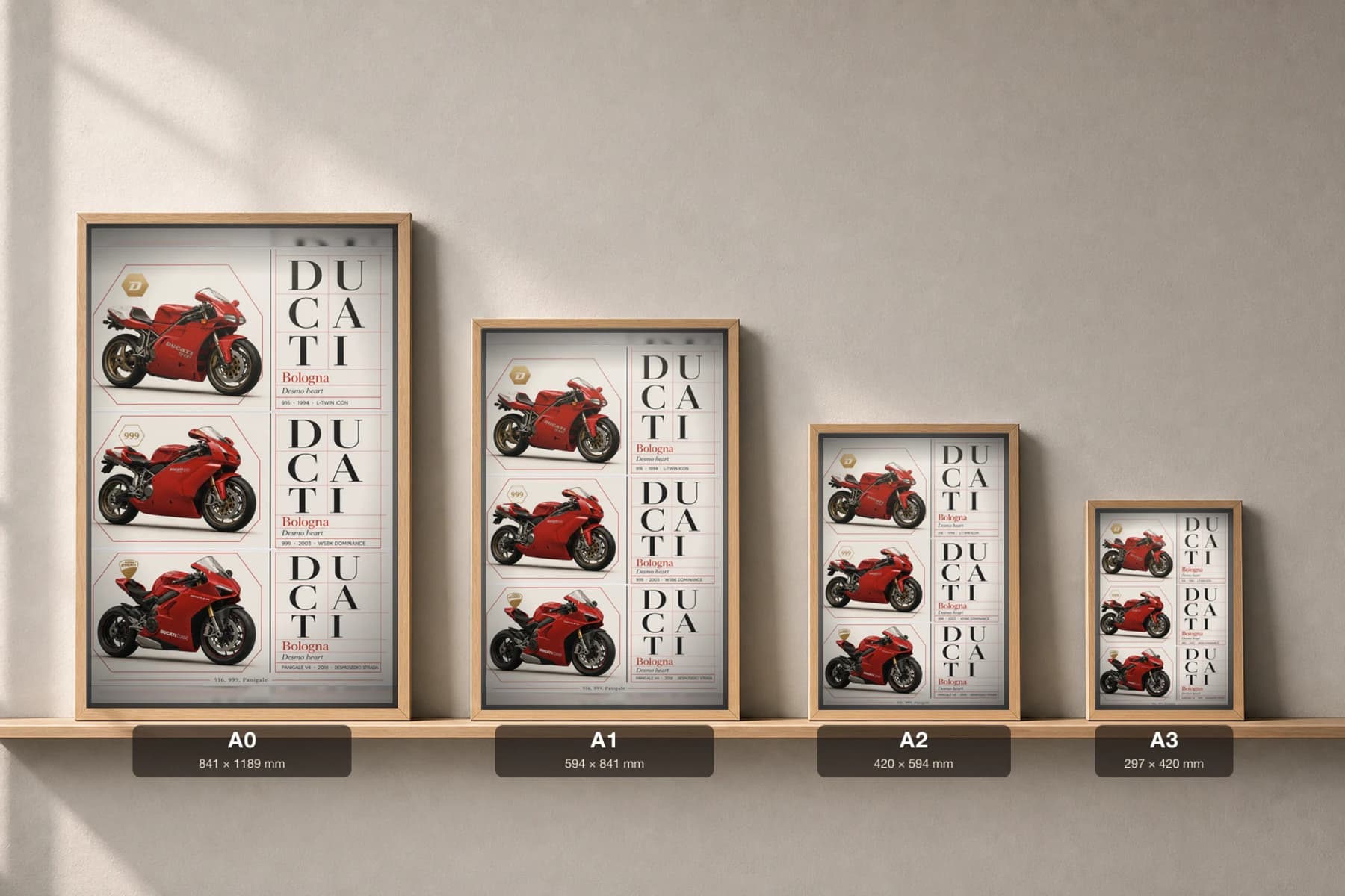 Ducati 916 / 999 / Panigale V4 Poster — superbike WEC racing wall art · #— · framed A2 — print size guide showing the artwork at A0, A1, A2 and A3 in natural-oak frames at true relative scale