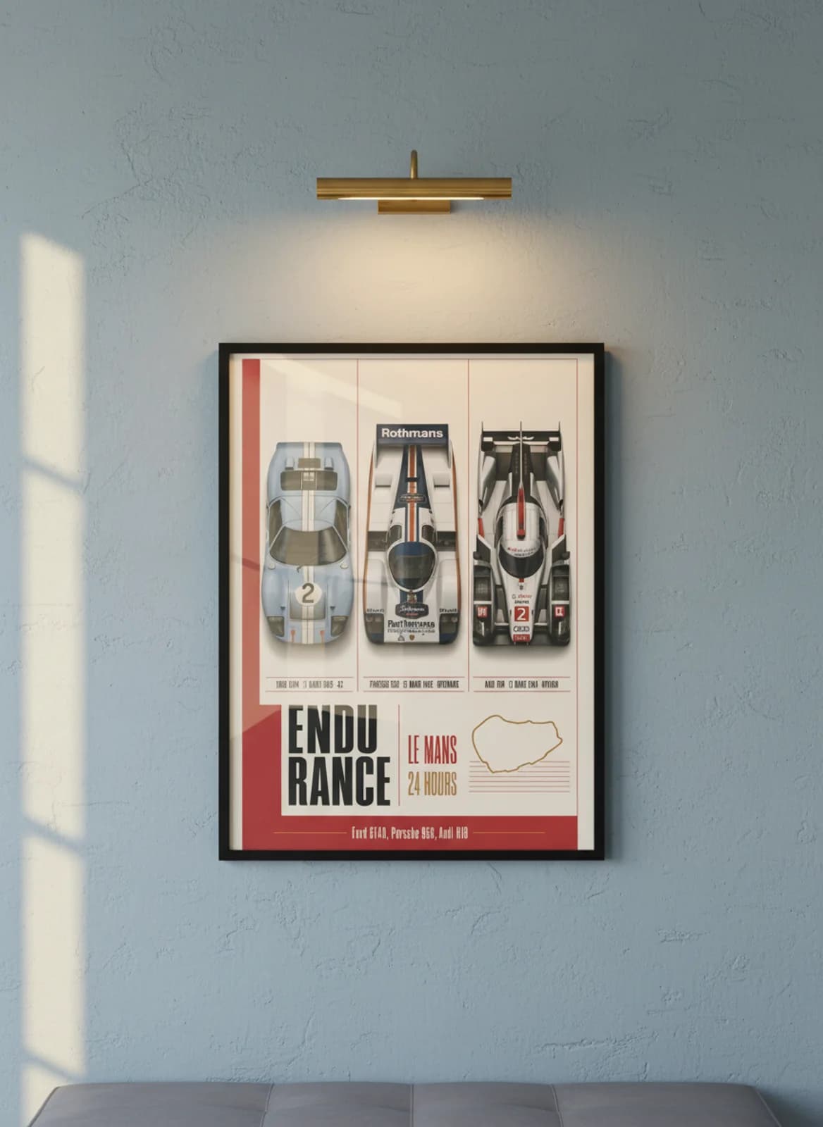 ENDURANCE three-panel gallery set in black A2 frame on ford-light-blue lime-wash wall — Gallery Sets mockup