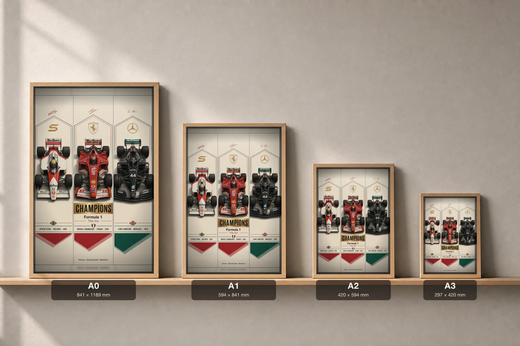 Champions — Senna · Schumacher · Hamilton Poster — McLaren (Brazil) · Ferrari (Italy) · Mercedes (United Kingdom) racing driver wall art · framed A2 — print size guide showing the artwork at A0, A1, A2 and A3 in natural-oak frames at true relative scale