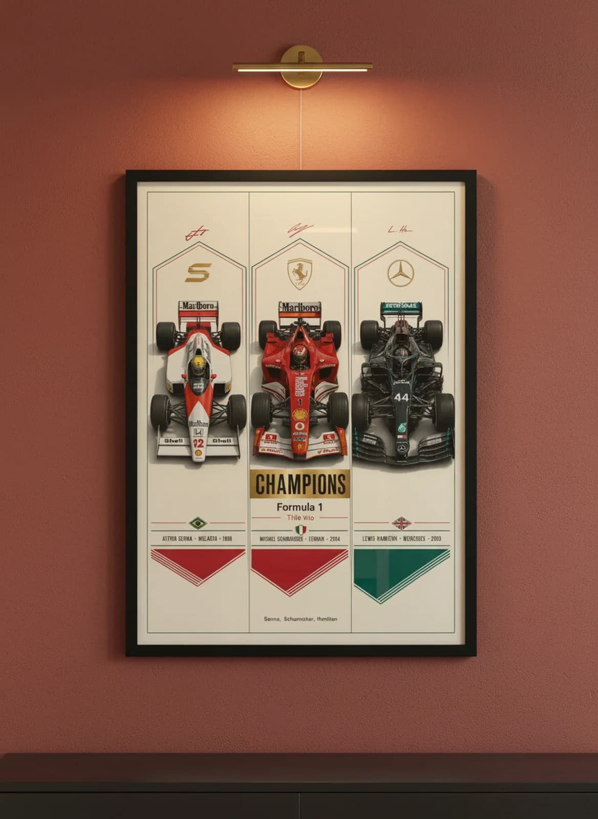 Champions three-panel gallery set in black A2 frame on rosso-corsa-red lime-wash wall — Gallery Sets mockup