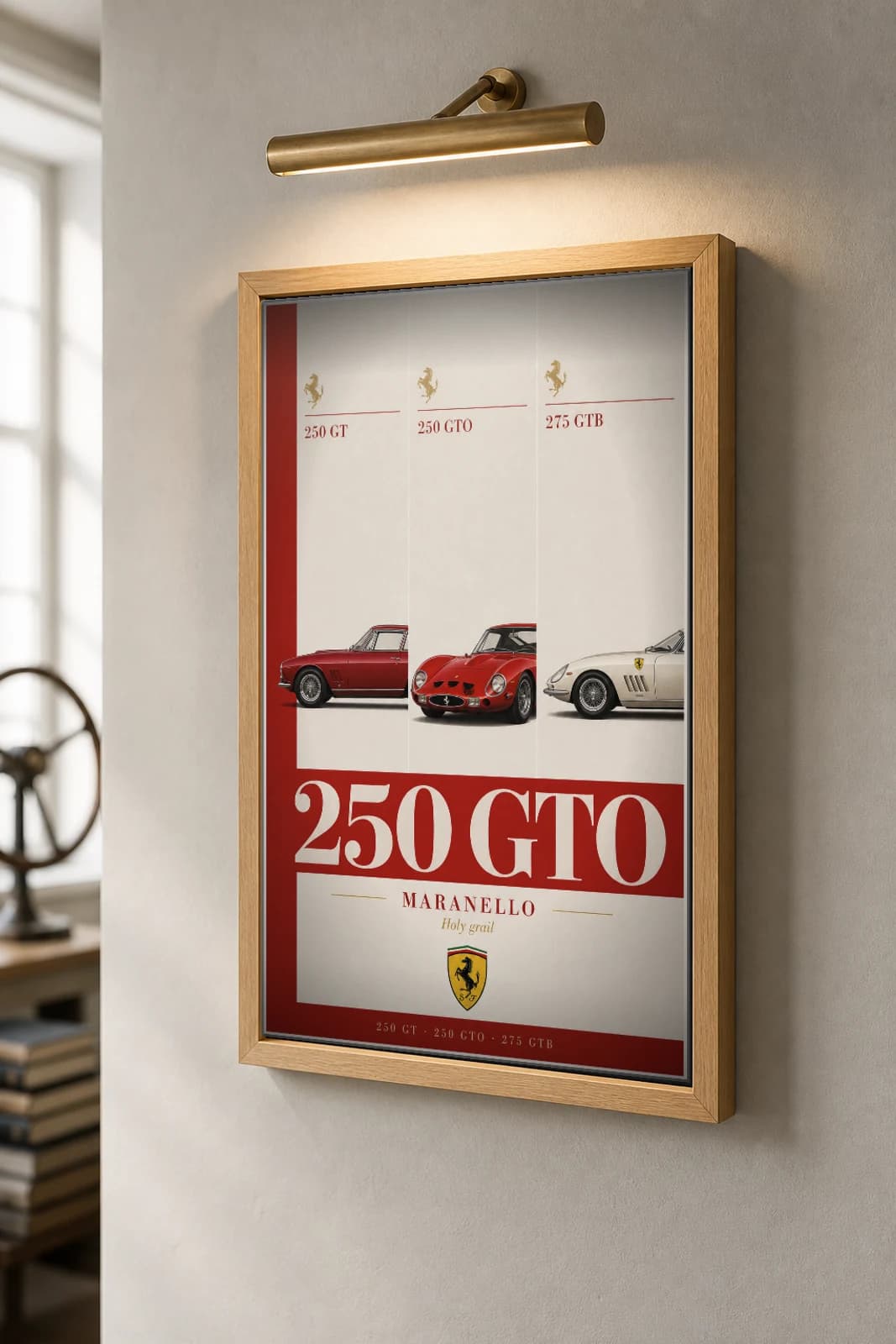 Ferrari 250 GT · 250 GTO · 275 GTB Poster — GT berlinetta · homologation special WEC racing wall art · #— · framed A2 — the framed print shown at a three-quarter angle on a styled gallery wall in a natural-oak frame