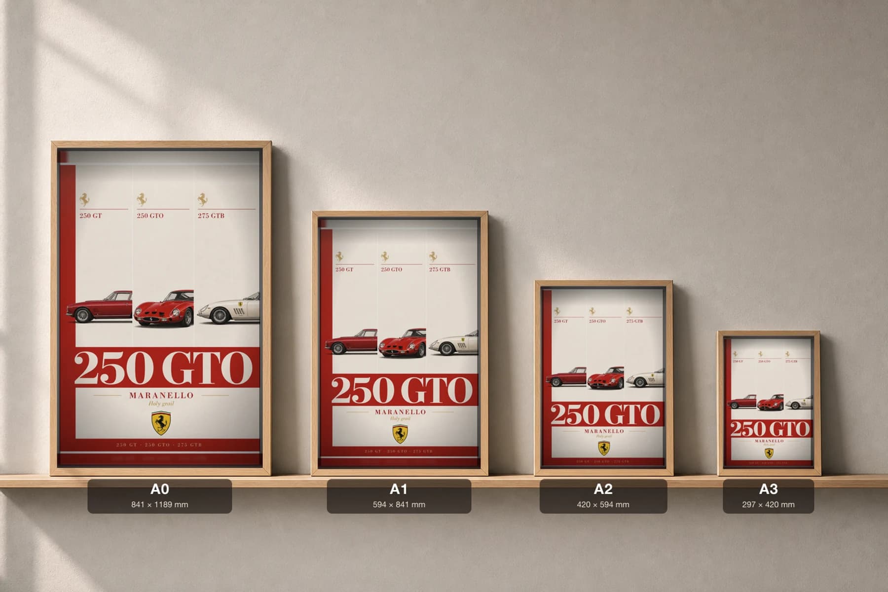 Ferrari 250 GT · 250 GTO · 275 GTB Poster — GT berlinetta · homologation special WEC racing wall art · #— · framed A2 — print size guide showing the artwork at A0, A1, A2 and A3 in natural-oak frames at true relative scale