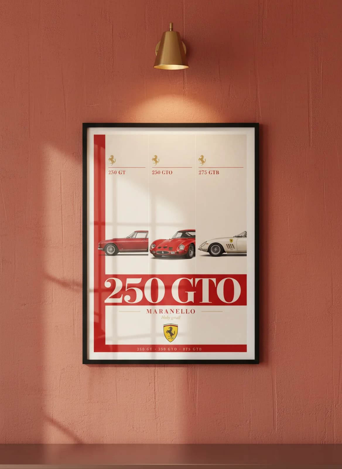 250 GTO three-panel gallery set in black A2 frame on rosso-corsa-red lime-wash wall — Gallery Sets mockup