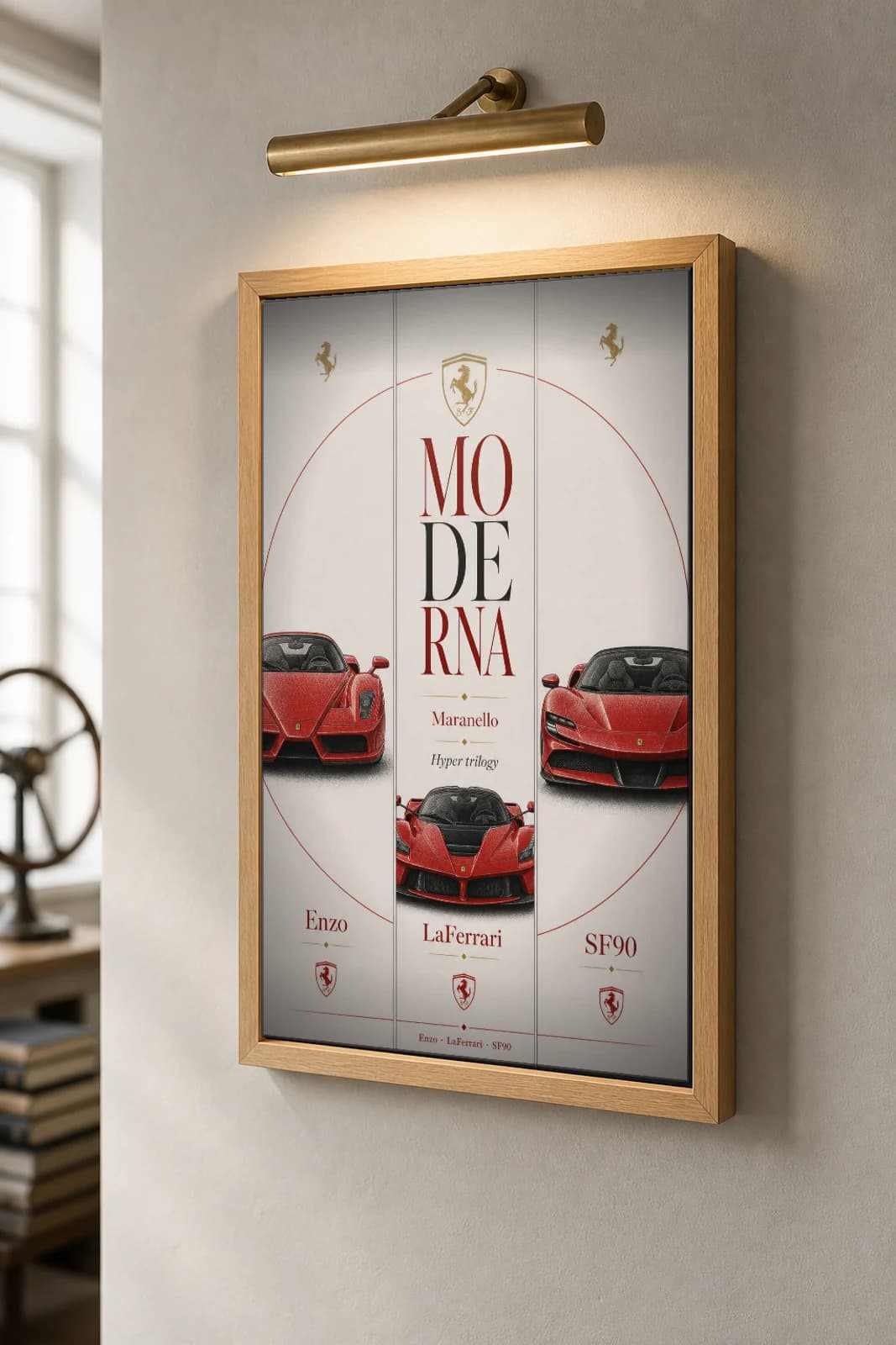 Ferrari Enzo · LaFerrari · SF90 Stradale Poster — hypercar WEC racing wall art · #— · framed A2 — the framed print shown at a three-quarter angle on a styled gallery wall in a natural-oak frame