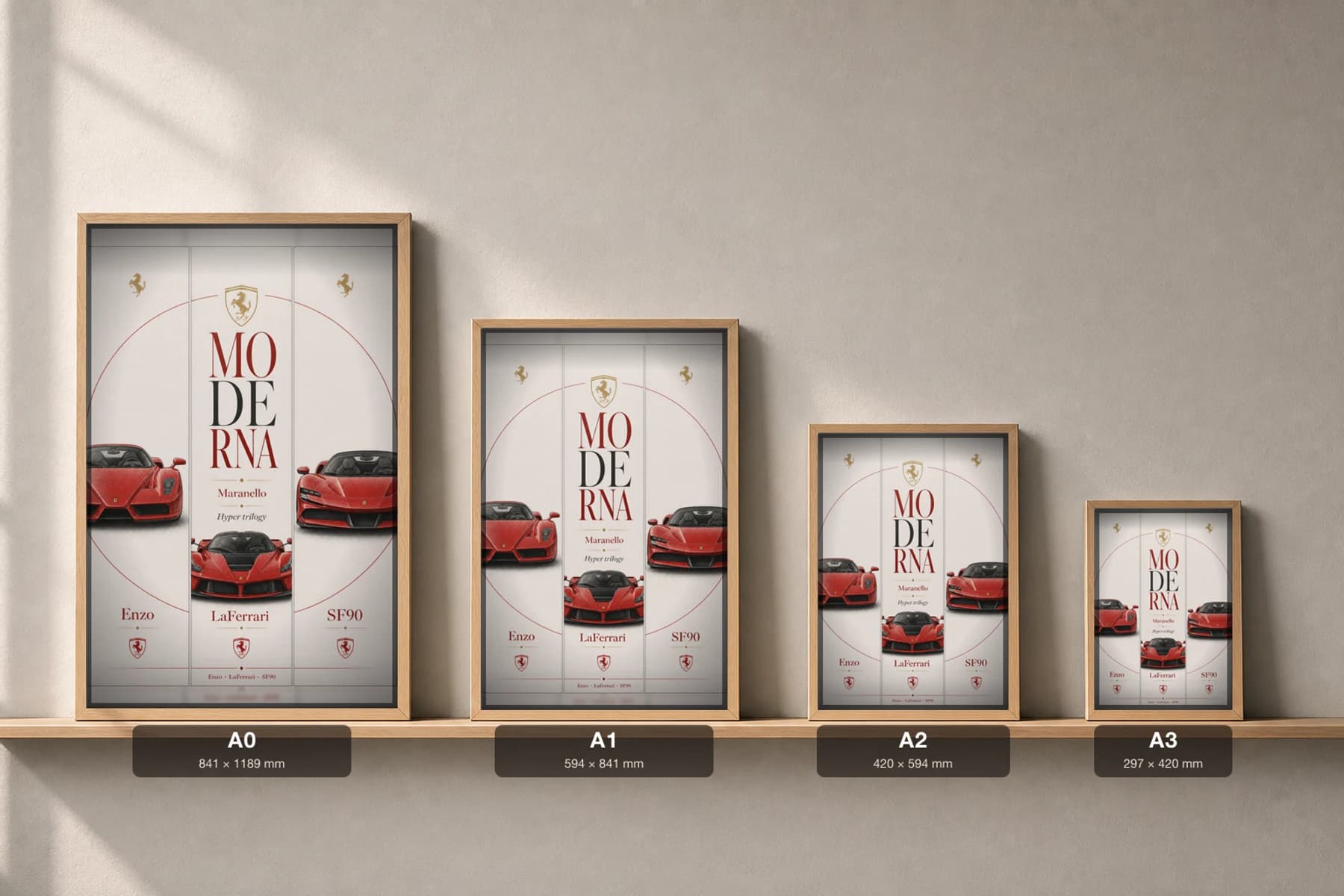 Ferrari Enzo · LaFerrari · SF90 Stradale Poster — hypercar WEC racing wall art · #— · framed A2 — print size guide showing the artwork at A0, A1, A2 and A3 in natural-oak frames at true relative scale