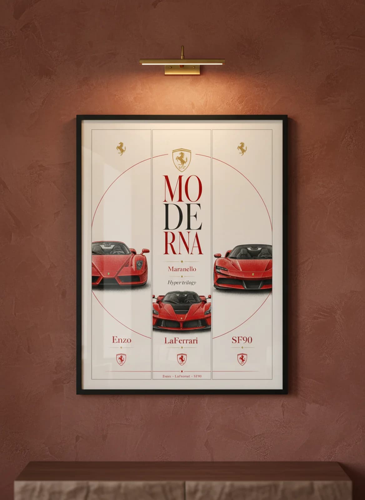 MODERNA three-panel gallery set in black A2 frame on rosso-corsa lime-wash wall — Gallery Sets mockup