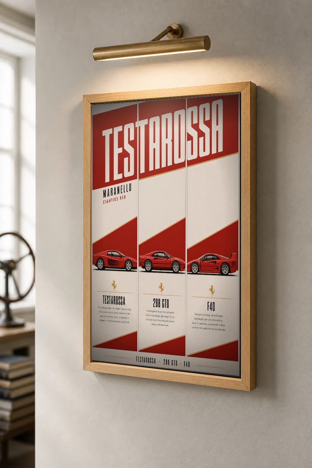 Ferrari Testarossa · 288 GTO · F40 Poster — supercar WEC racing wall art · #— · framed A2 — the framed print shown at a three-quarter angle on a styled gallery wall in a natural-oak frame