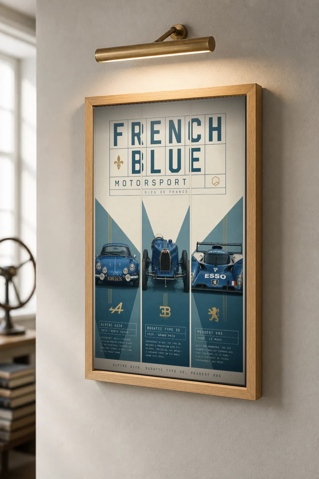 Alpine · Bugatti · Peugeot A110 · Type 35 · 905 Poster — Rally · Grand Prix · Le Mans prototype WEC racing wall art · #— · framed A2 — the framed print shown at a three-quarter angle on a styled gallery wall in a natural-oak frame