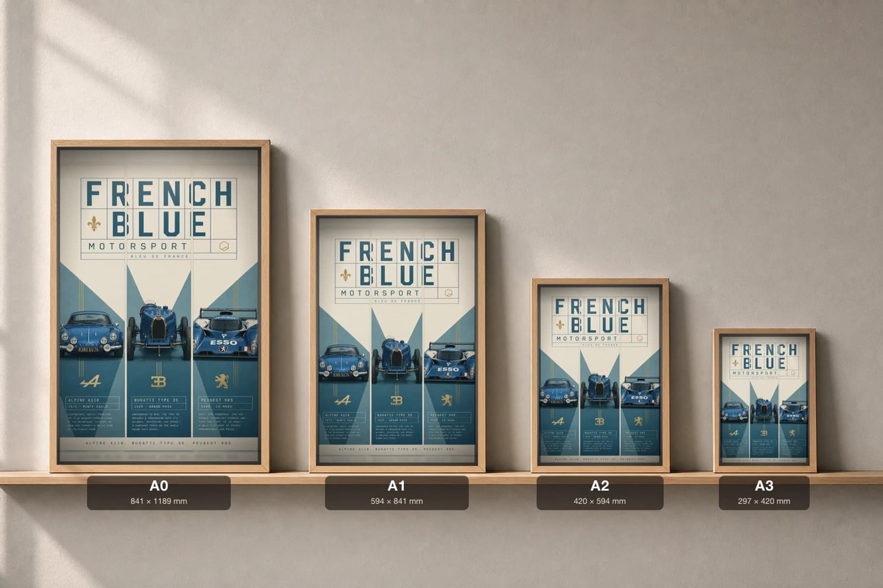Alpine · Bugatti · Peugeot A110 · Type 35 · 905 Poster — Rally · Grand Prix · Le Mans prototype WEC racing wall art · #— · framed A2 — print size guide showing the artwork at A0, A1, A2 and A3 in natural-oak frames at true relative scale