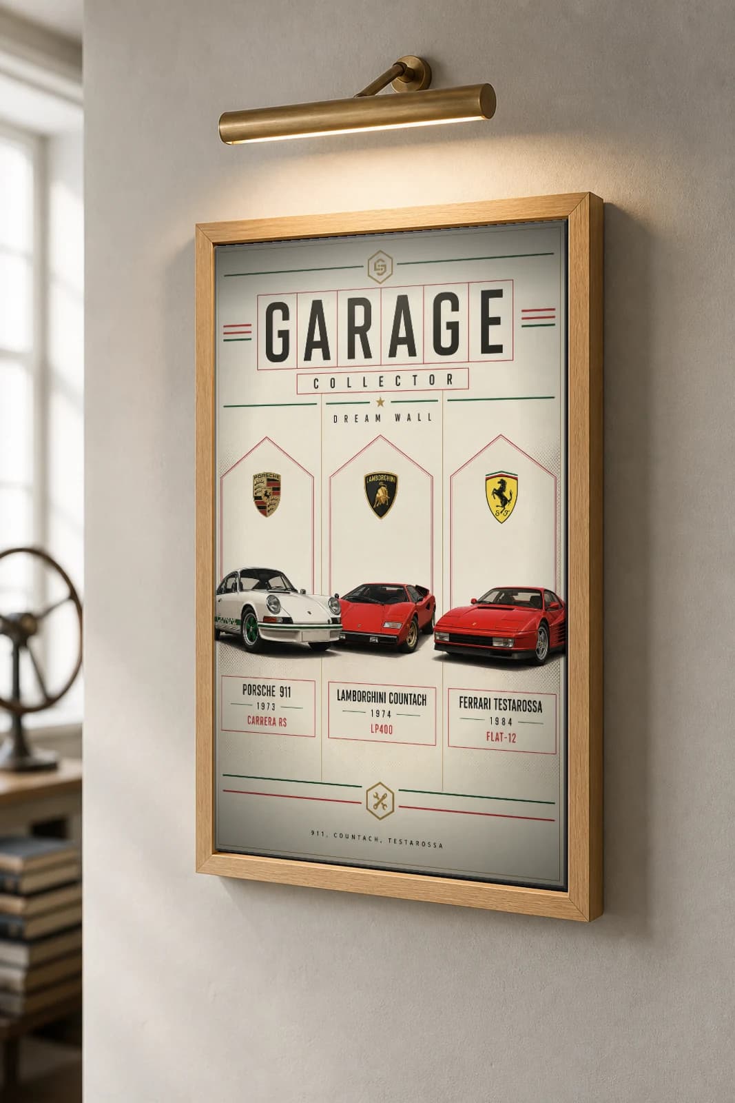 Porsche · Lamborghini · Ferrari 911 Carrera RS · Countach LP400 · Testarossa Poster — supercar WEC racing wall art · #— · framed A2 — the framed print shown at a three-quarter angle on a styled gallery wall in a natural-oak frame