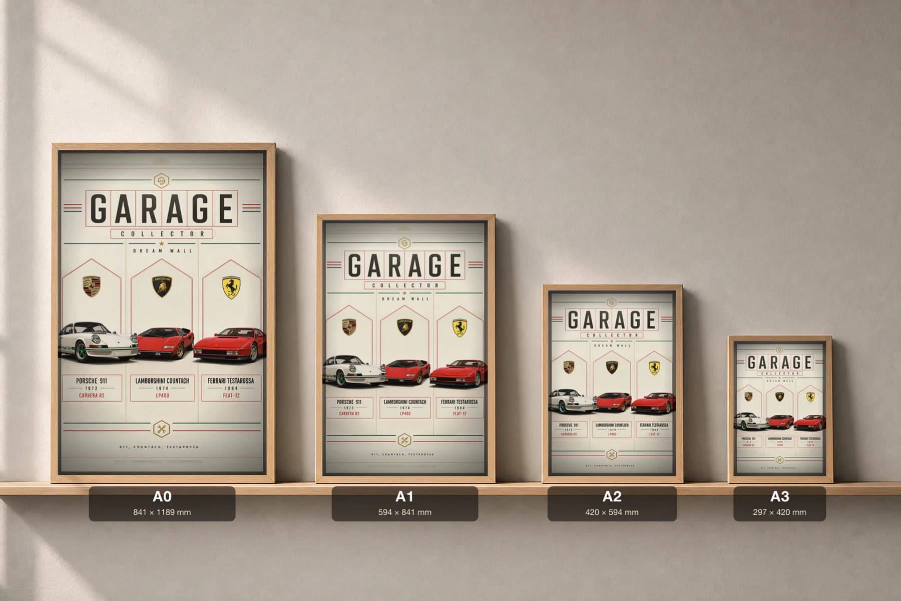 Porsche · Lamborghini · Ferrari 911 Carrera RS · Countach LP400 · Testarossa Poster — supercar WEC racing wall art · #— · framed A2 — print size guide showing the artwork at A0, A1, A2 and A3 in natural-oak frames at true relative scale