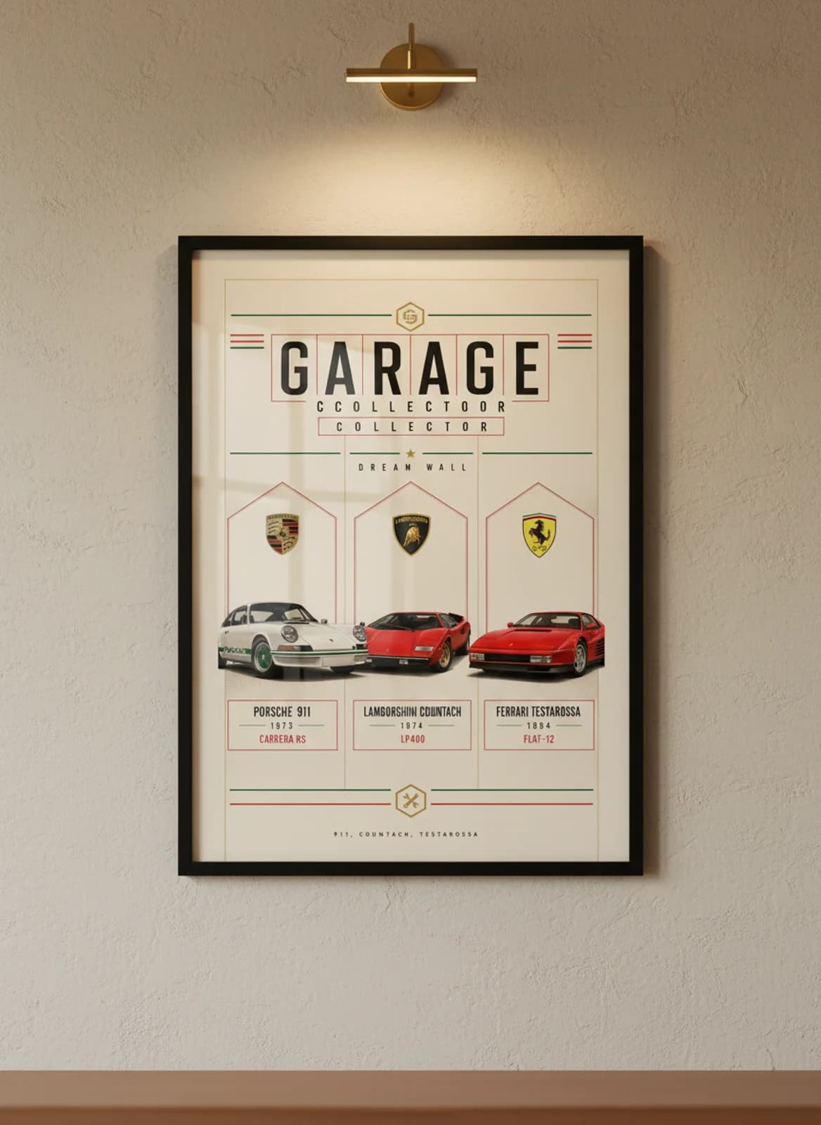 Garage Dreams three-panel gallery set in black A2 frame on garage-red lime-wash wall — Gallery Sets mockup