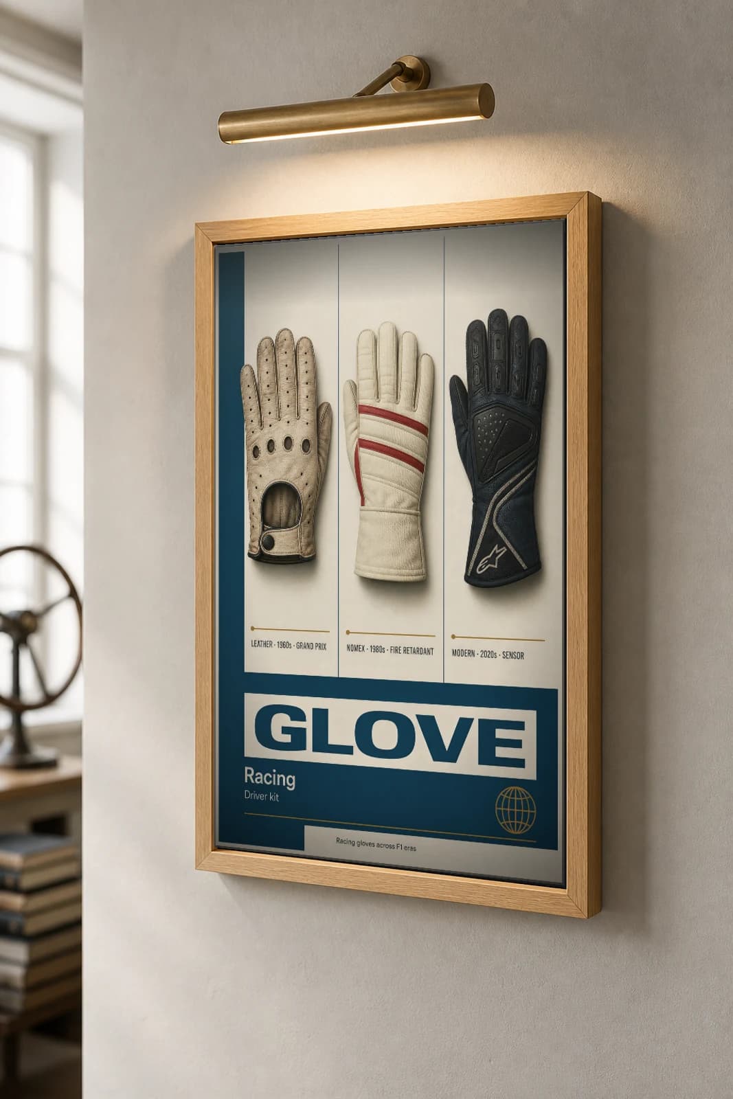 GLOVE Three-Panel Poster — gallery wall art set · framed A2 — the framed print shown at a three-quarter angle on a styled gallery wall in a natural-oak frame
