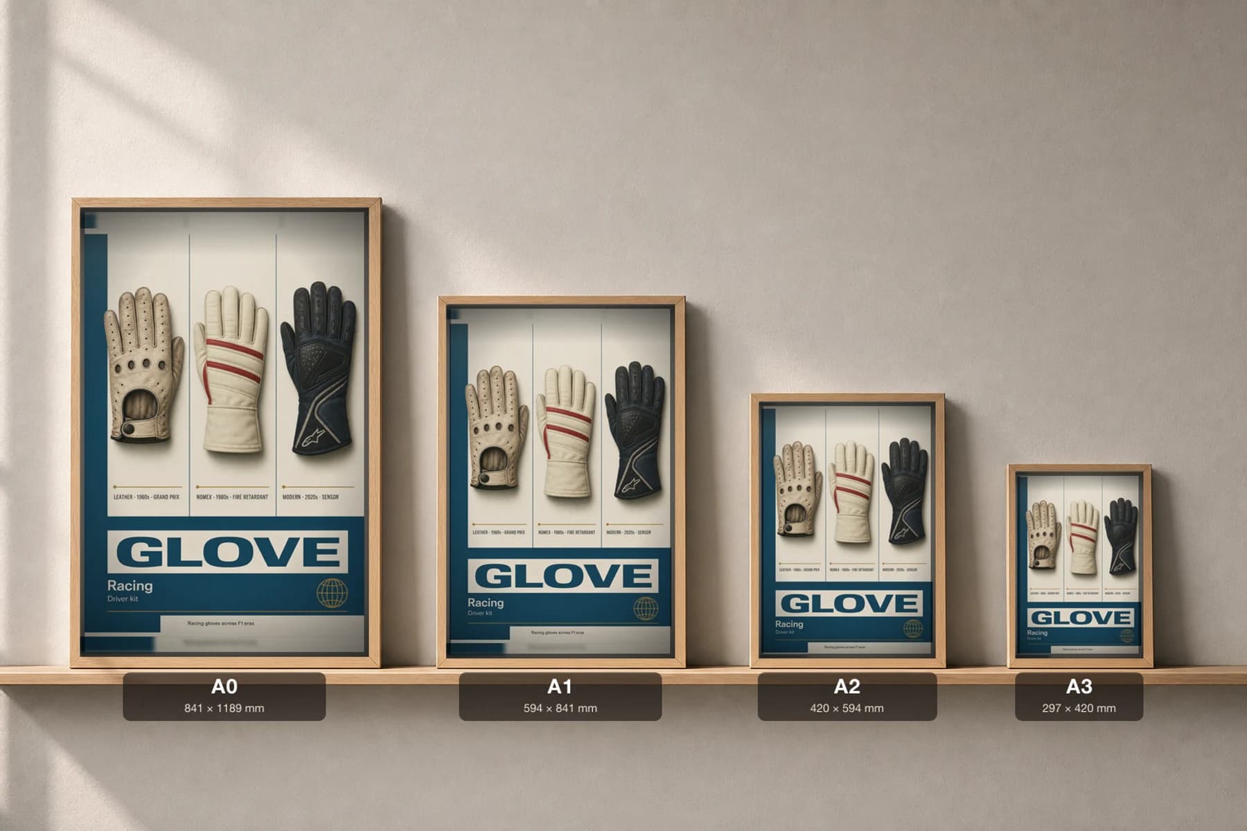 GLOVE Three-Panel Poster — gallery wall art set · framed A2 — print size guide showing the artwork at A0, A1, A2 and A3 in natural-oak frames at true relative scale