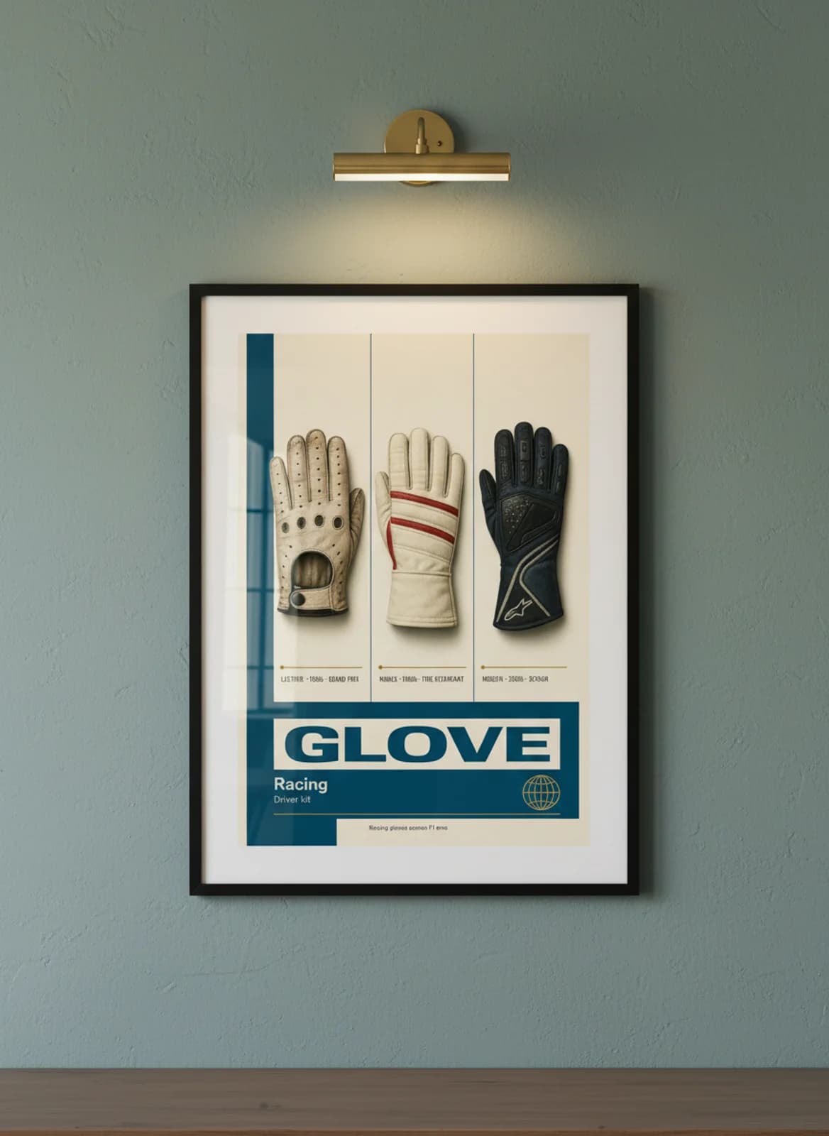 GLOVE three-panel gallery set in black A2 frame on alpinestars-blue lime-wash wall — Gallery Sets mockup
