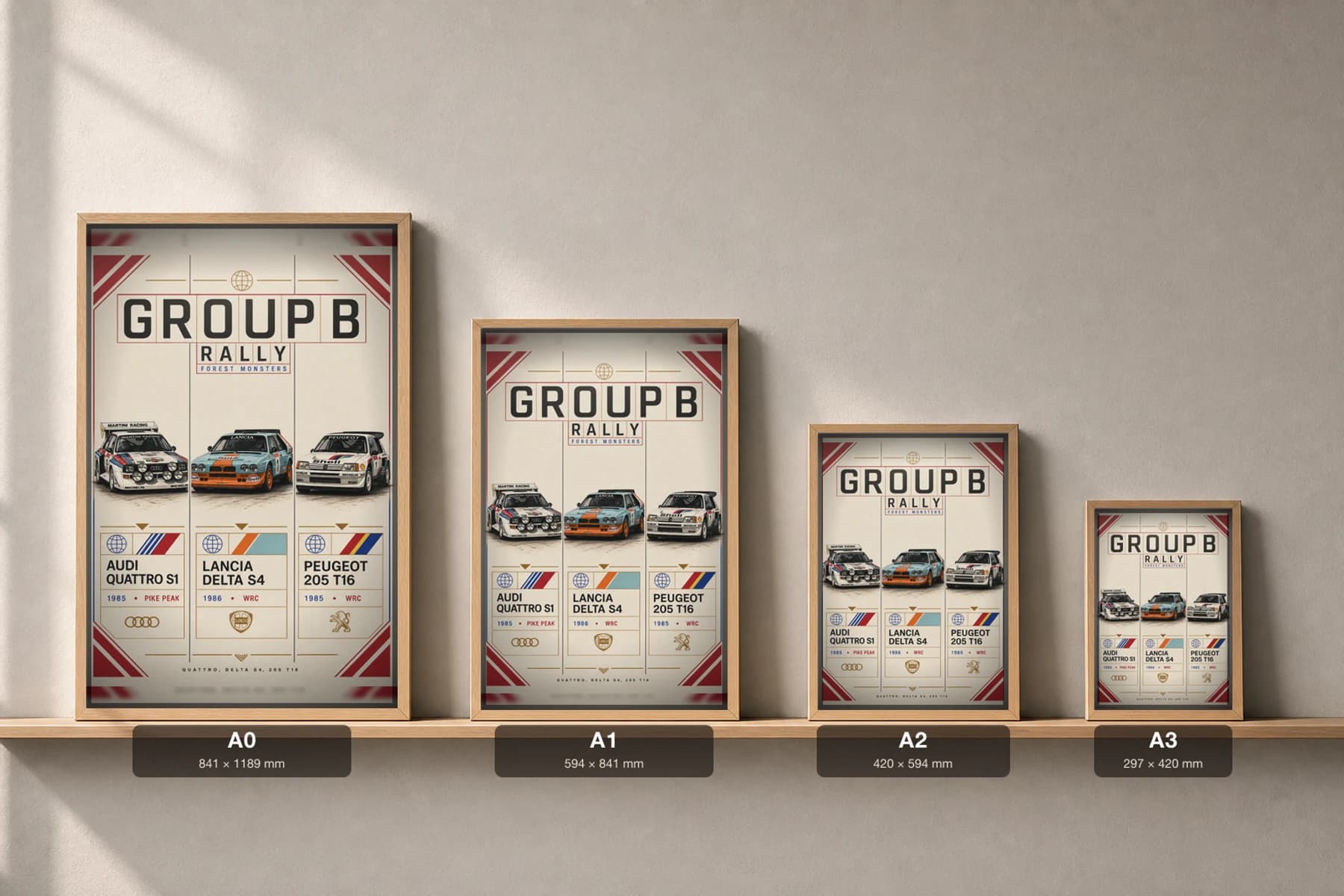 Audi · Lancia · Peugeot Quattro S1 · Delta S4 · 205 T16 Poster — 1986 Group B WEC racing wall art · #— · framed A2 — print size guide showing the artwork at A0, A1, A2 and A3 in natural-oak frames at true relative scale