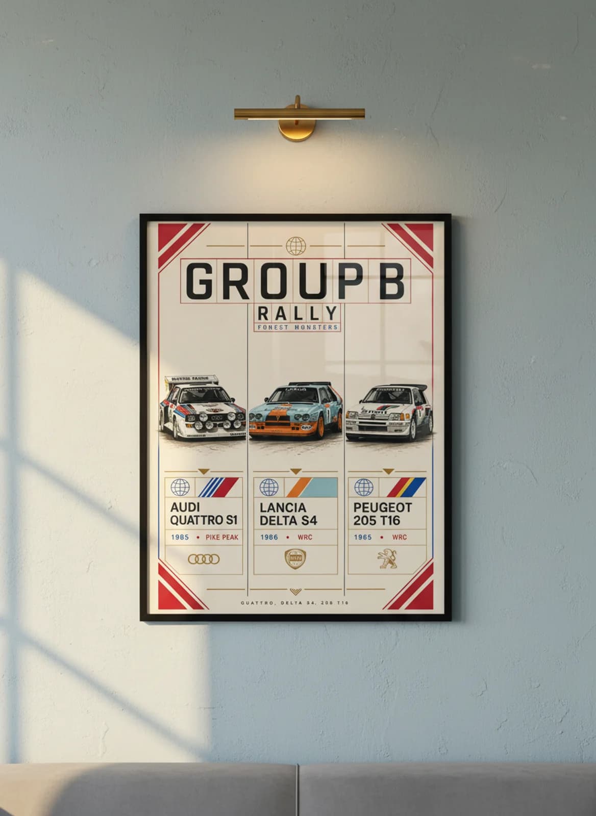Group B — Forest Monsters three-panel gallery set in black A2 frame on martini-white-red-blue lime-wash wall — Gallery Sets mockup