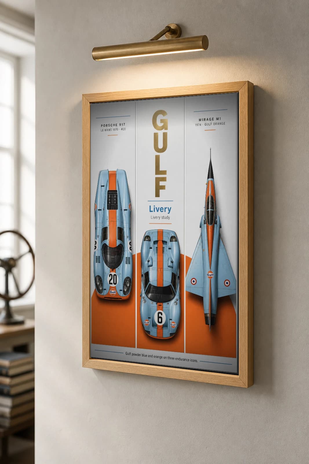Gulf Oil Racing 917 · GT40 · Mirage M1 Poster — Endurance prototype · sports prototype · racing aircraft tribute WEC racing wall art · #20 · 6 · framed A2 — the framed print shown at a three-quarter angle on a styled gallery wall in a natural-oak frame