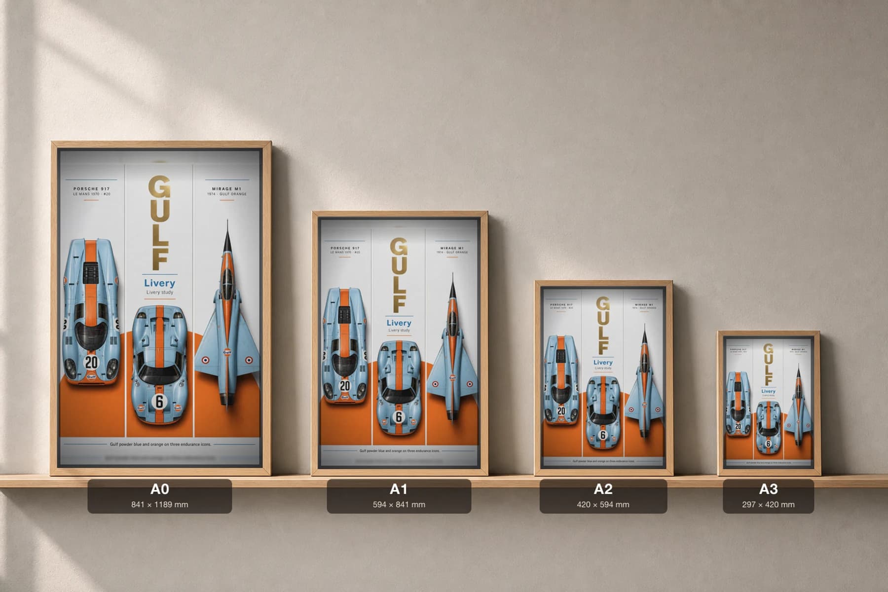 Gulf Oil Racing 917 · GT40 · Mirage M1 Poster — Endurance prototype · sports prototype · racing aircraft tribute WEC racing wall art · #20 · 6 · framed A2 — print size guide showing the artwork at A0, A1, A2 and A3 in natural-oak frames at true relative scale