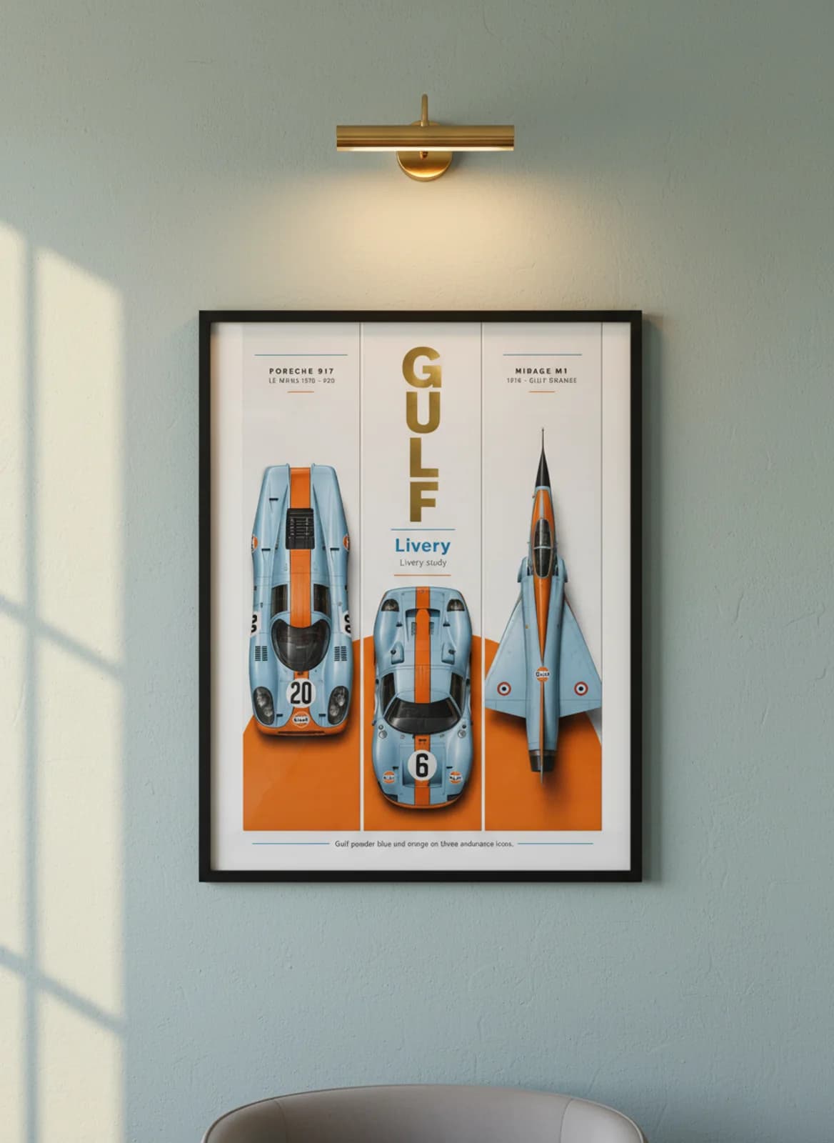 Gulf Livery three-panel gallery set in black A2 frame on gulf-powder-blue lime-wash wall — Gallery Sets mockup