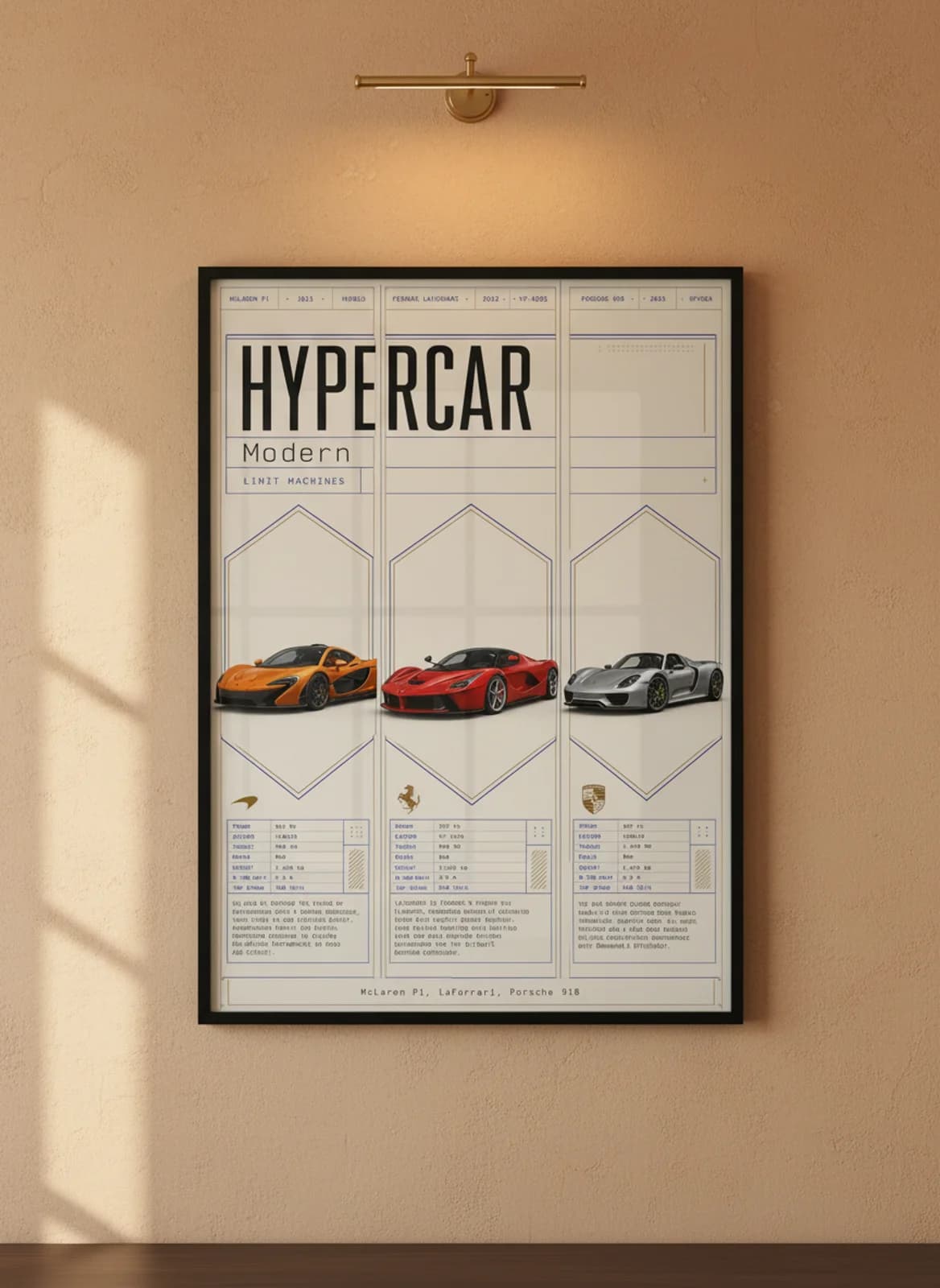 Hypercar three-panel gallery set in black A2 frame on mclaren-orange lime-wash wall — Gallery Sets mockup