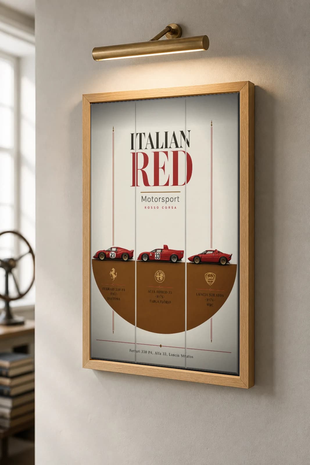 Ferrari · Alfa Romeo · Lancia Ferrari 330 P4 · Alfa Romeo 33 · Lancia Stratos Poster — sports prototype / rally WEC racing wall art · #21 · 33 · framed A2 — the framed print shown at a three-quarter angle on a styled gallery wall in a natural-oak frame