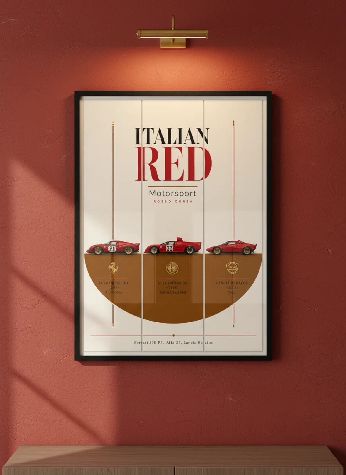 Italian Red three-panel gallery set in black A2 frame on rosso-corsa-red lime-wash wall — Gallery Sets mockup