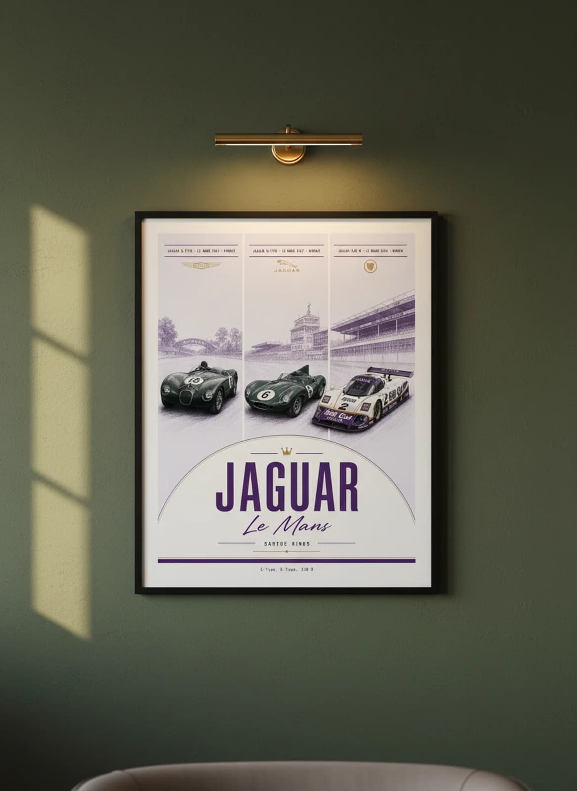 JAGUAR three-panel gallery set in black A2 frame on british-racing-green lime-wash wall — Gallery Sets mockup