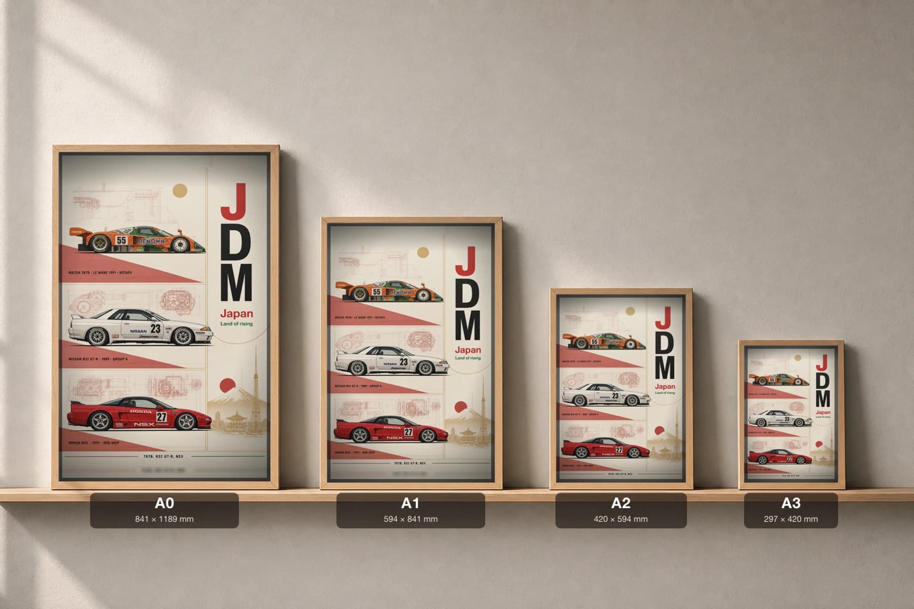 Mazda · Nissan · Honda 787B / R32 GT-R / NSX Poster — 1991 Le Mans prototype · Group A touring · Mid-engine sports WEC racing wall art · #55 · 23 · 27 · framed A2 — print size guide showing the artwork at A0, A1, A2 and A3 in natural-oak frames at true relative scale