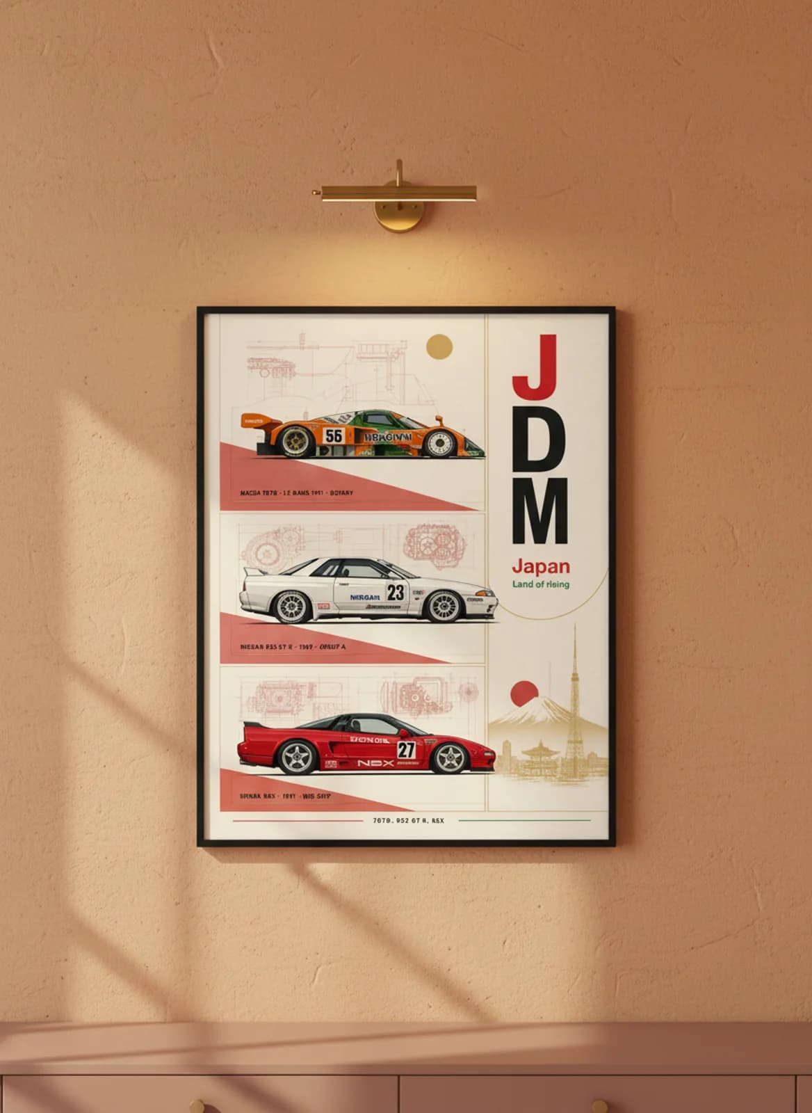 JDM Legends three-panel gallery set in black A2 frame on renown-orange lime-wash wall — Gallery Sets mockup