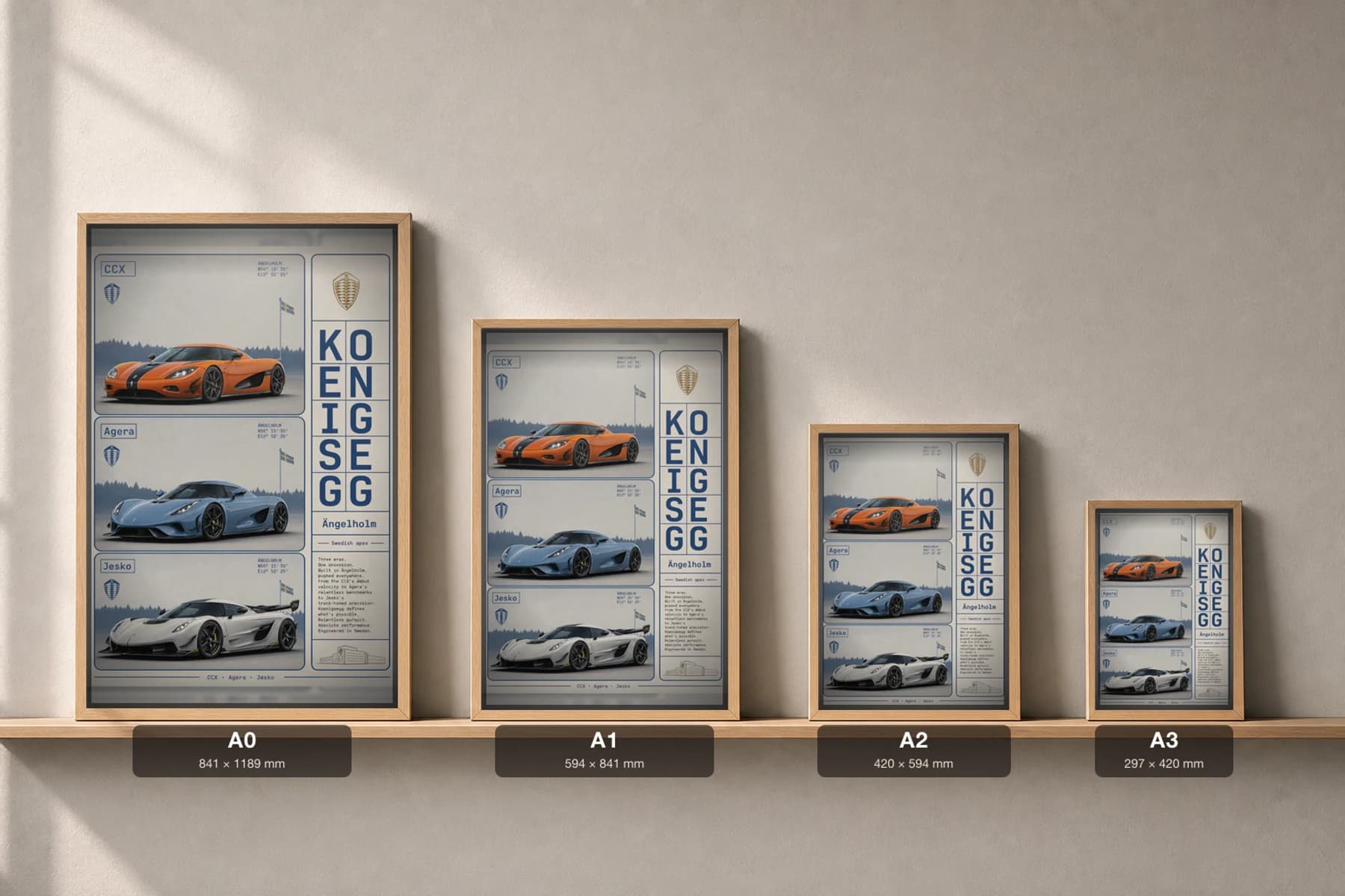 Koenigsegg CCX / Agera / Jesko Poster — hypercar WEC racing wall art · #— · framed A2 — print size guide showing the artwork at A0, A1, A2 and A3 in natural-oak frames at true relative scale