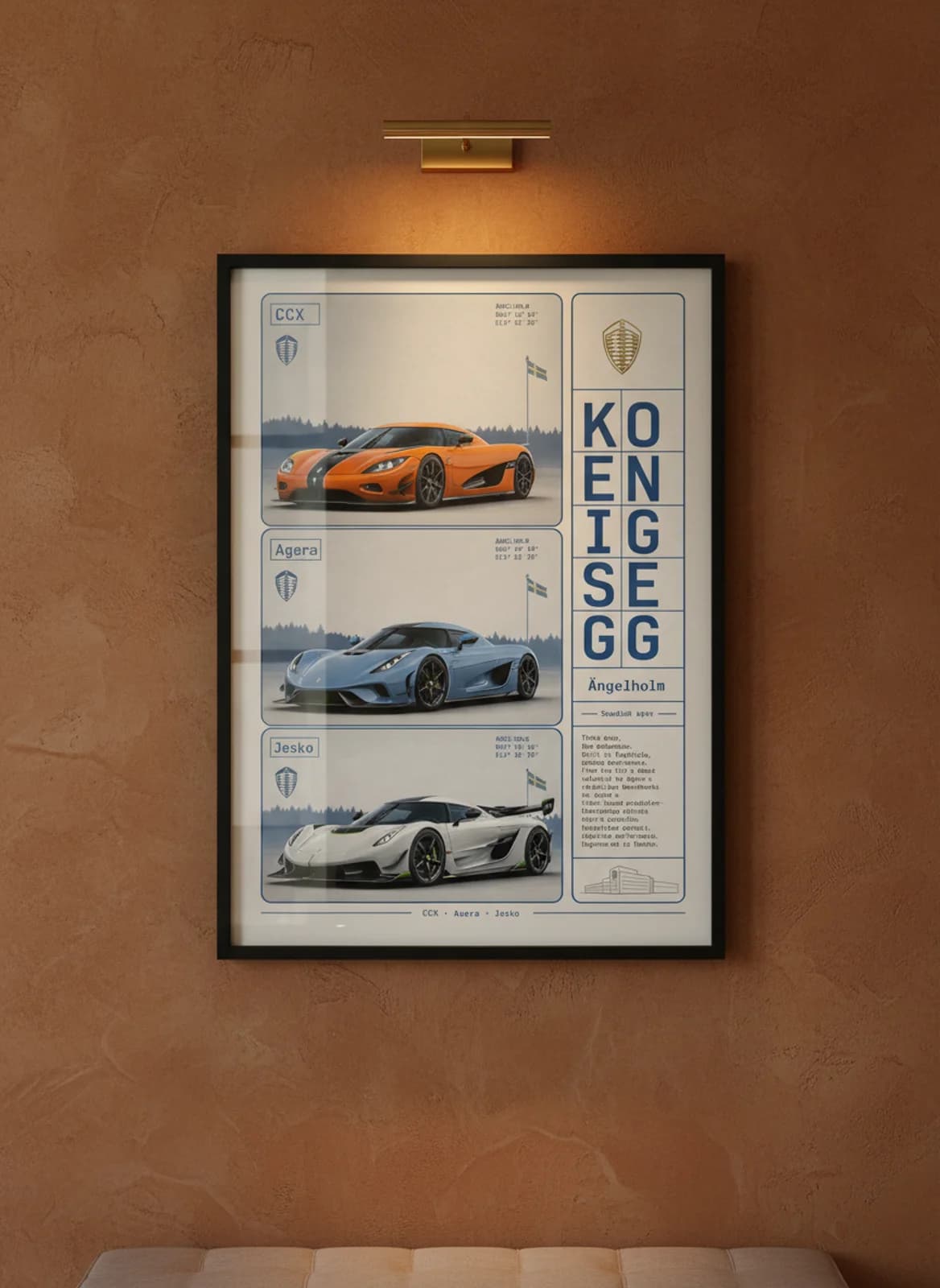 Koenigsegg three-panel gallery set in black A2 frame on koenigsegg-orange lime-wash wall — Gallery Sets mockup