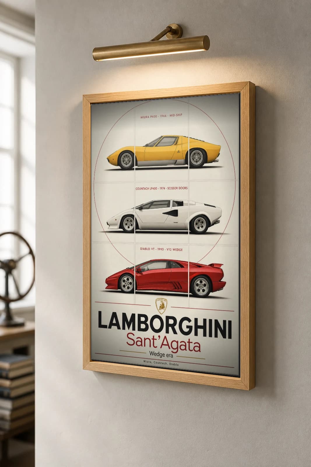 Lamborghini Miura P400 · Countach LP400 · Diablo VT Poster — supercar WEC racing wall art · #— · framed A2 — the framed print shown at a three-quarter angle on a styled gallery wall in a natural-oak frame