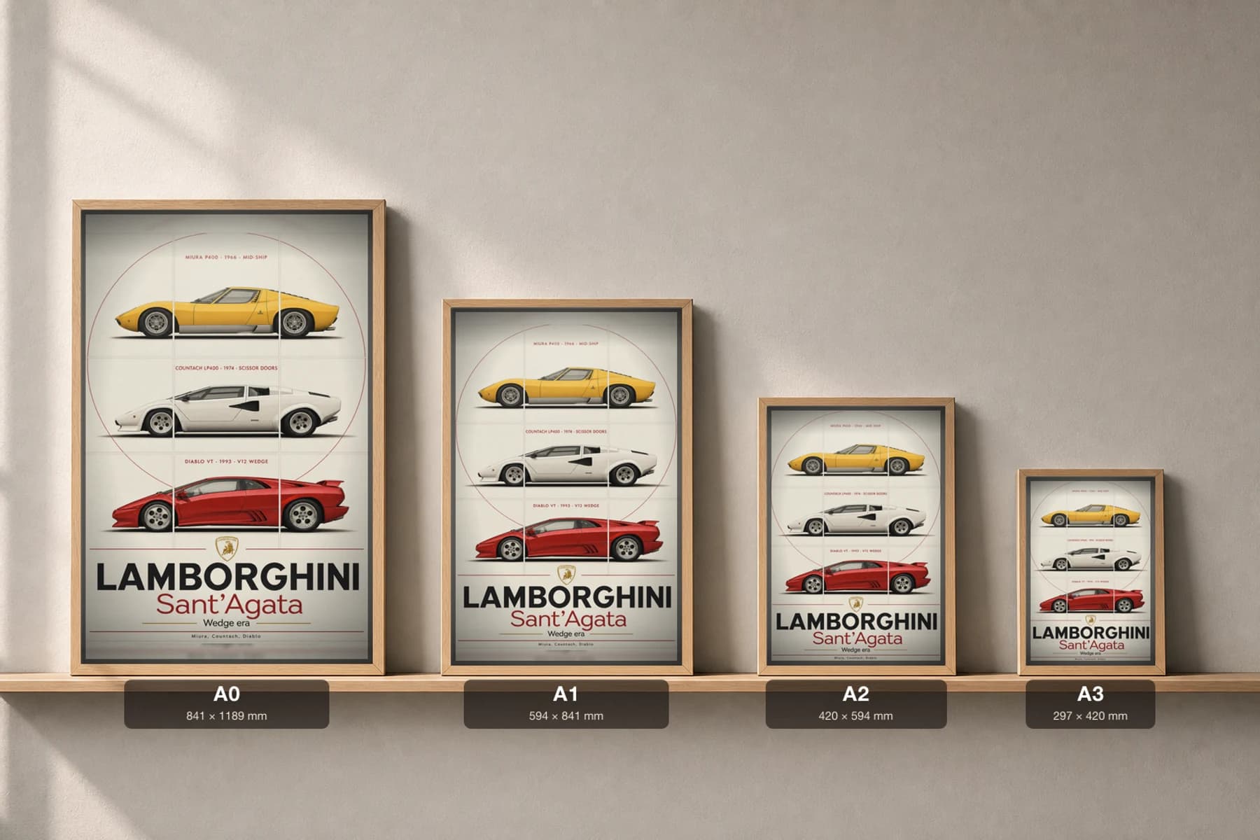 Lamborghini Miura P400 · Countach LP400 · Diablo VT Poster — supercar WEC racing wall art · #— · framed A2 — print size guide showing the artwork at A0, A1, A2 and A3 in natural-oak frames at true relative scale