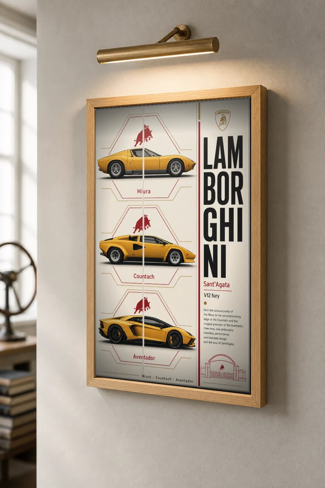 Lamborghini Miura · Countach · Aventador Poster — supercar WEC racing wall art · #— · framed A2 — the framed print shown at a three-quarter angle on a styled gallery wall in a natural-oak frame