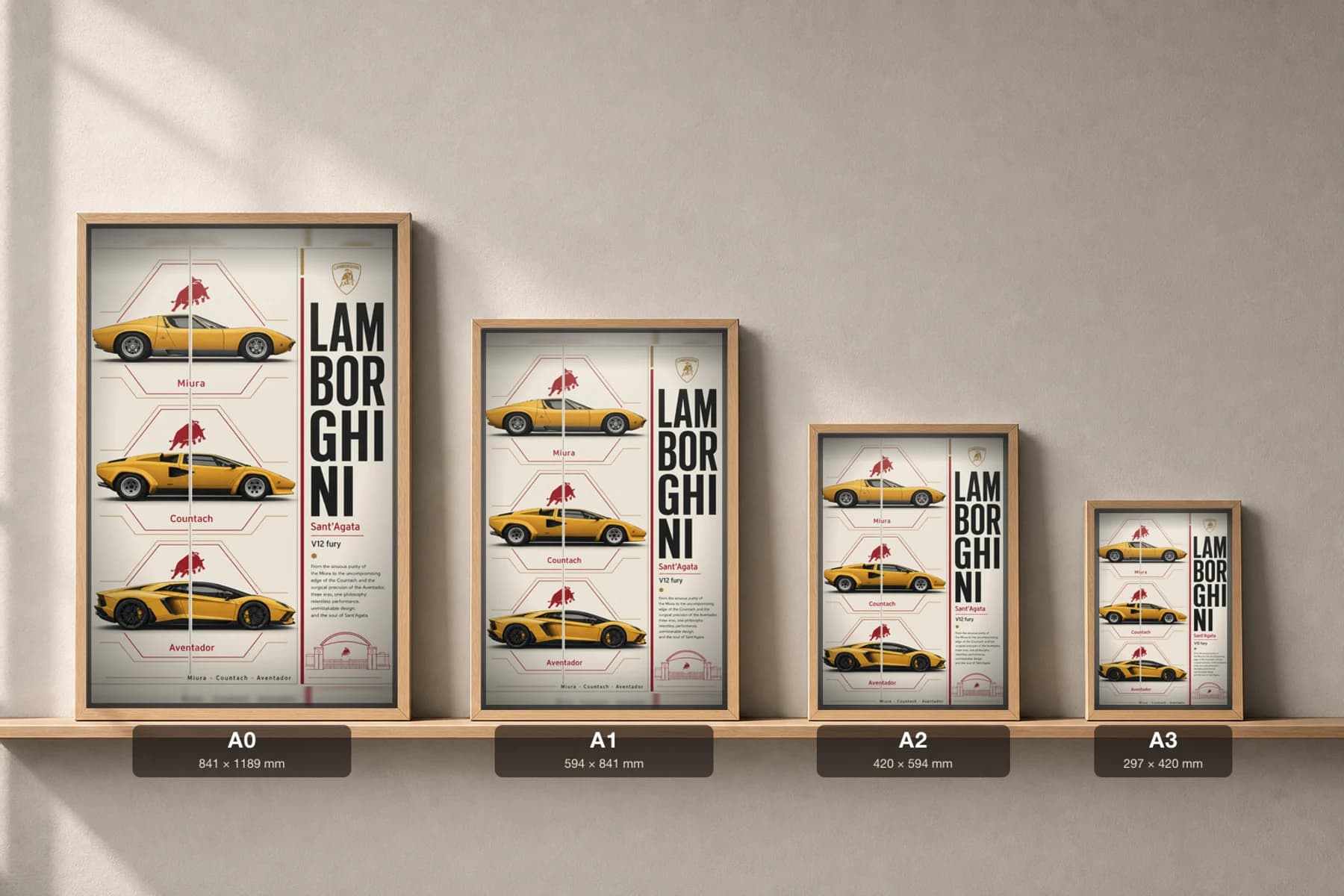 Lamborghini Miura · Countach · Aventador Poster — supercar WEC racing wall art · #— · framed A2 — print size guide showing the artwork at A0, A1, A2 and A3 in natural-oak frames at true relative scale