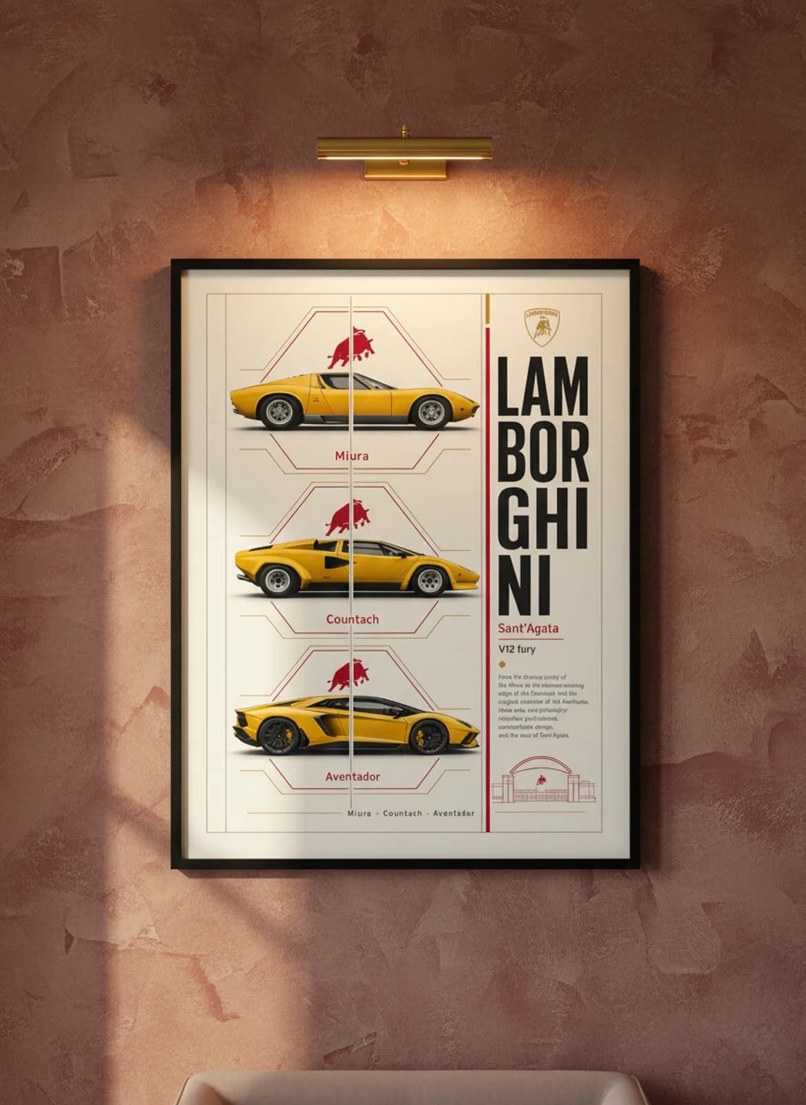 Lamborghini three-panel gallery set in black A2 frame on lamborghini-red lime-wash wall — Gallery Sets mockup