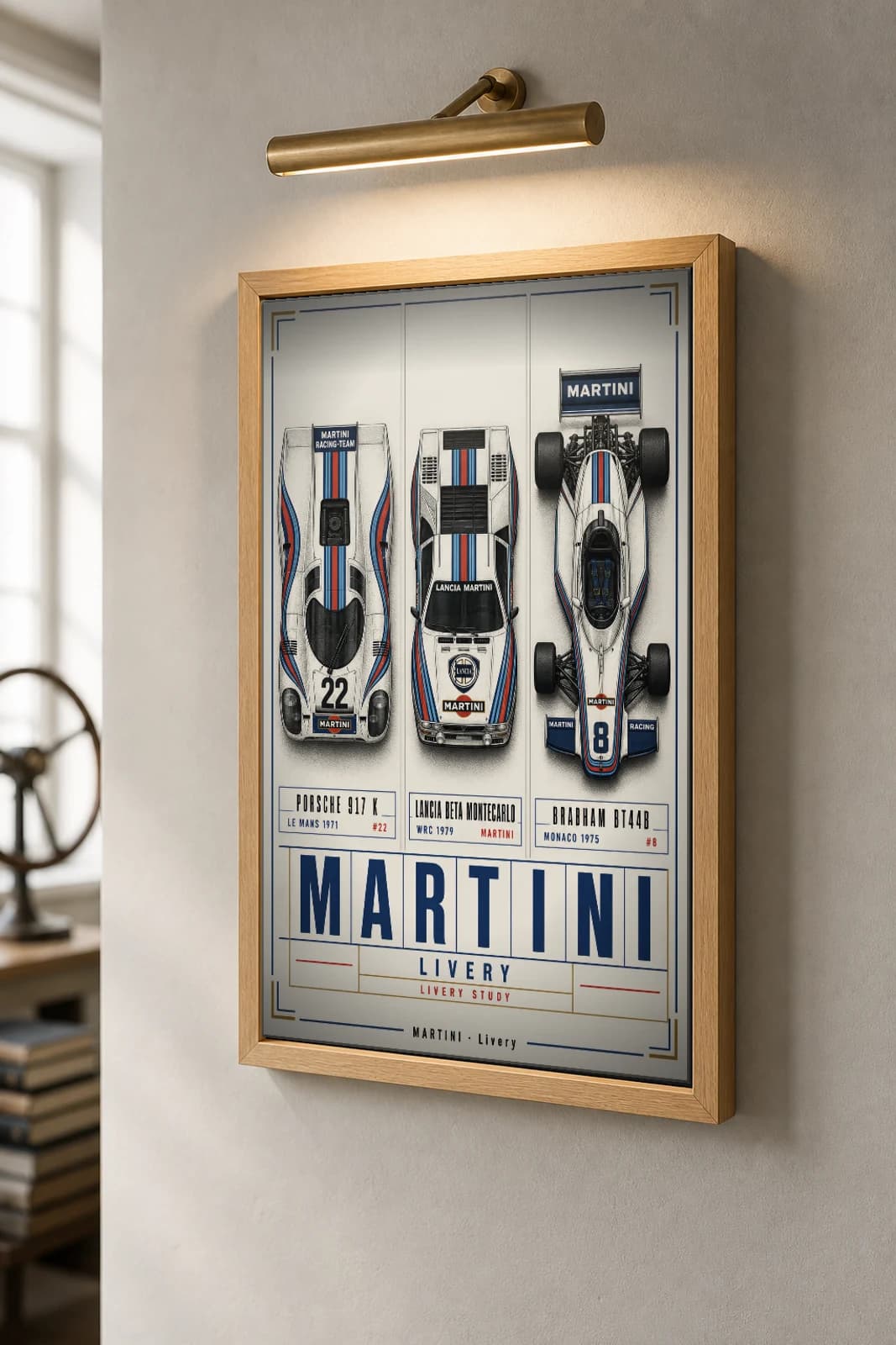 Martini Racing 917 K · Beta Montecarlo · BT44B Poster — Endurance · Group 5 · Formula 1 WEC racing wall art · #22 · 8 · framed A2 — the framed print shown at a three-quarter angle on a styled gallery wall in a natural-oak frame