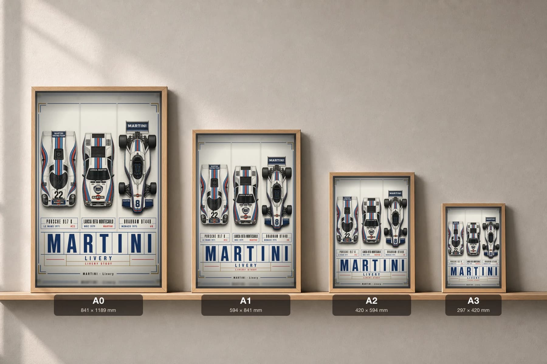 Martini Racing 917 K · Beta Montecarlo · BT44B Poster — Endurance · Group 5 · Formula 1 WEC racing wall art · #22 · 8 · framed A2 — print size guide showing the artwork at A0, A1, A2 and A3 in natural-oak frames at true relative scale
