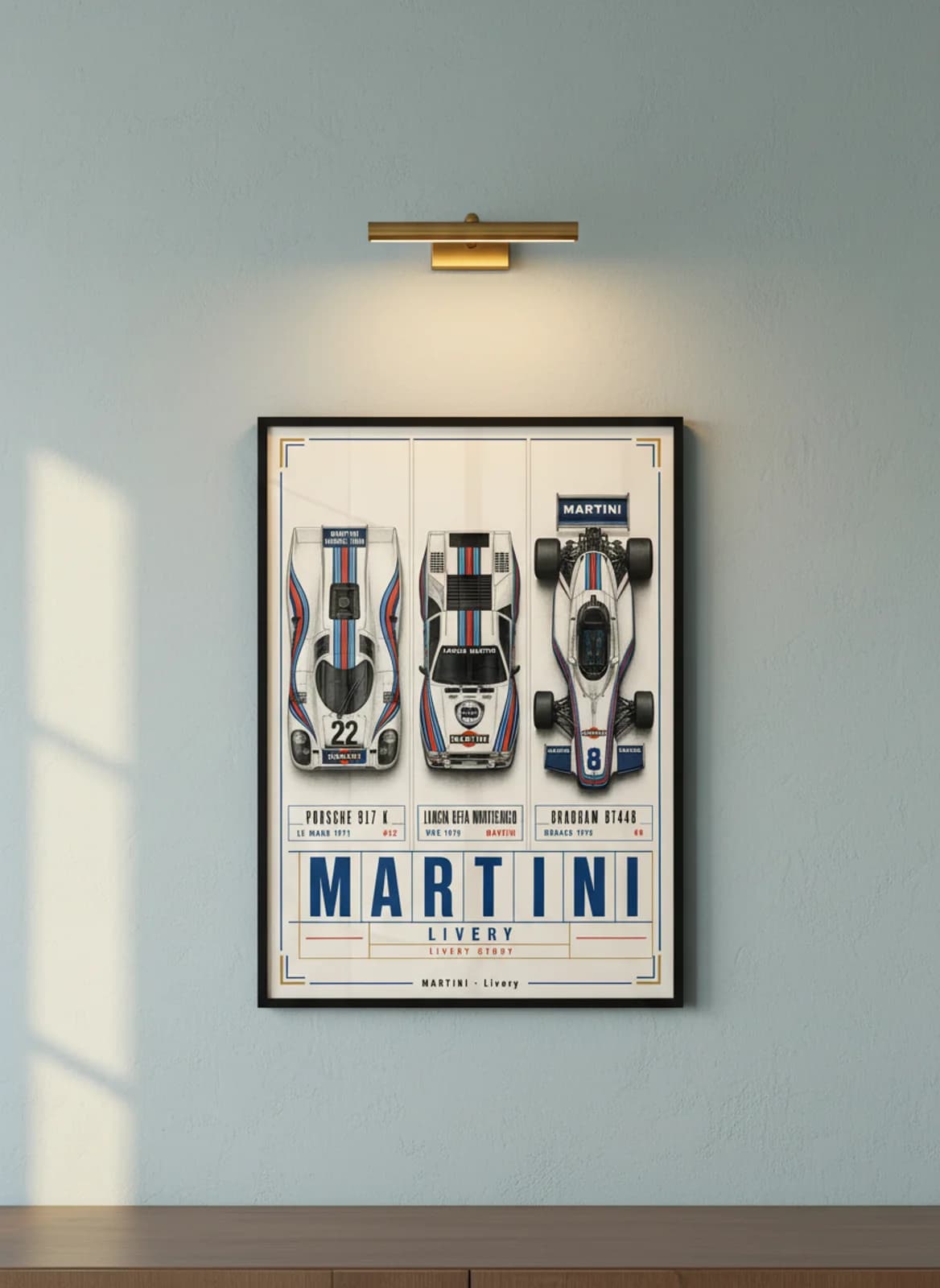 Martini Racing three-panel gallery set in black A2 frame on light-blue lime-wash wall — Gallery Sets mockup
