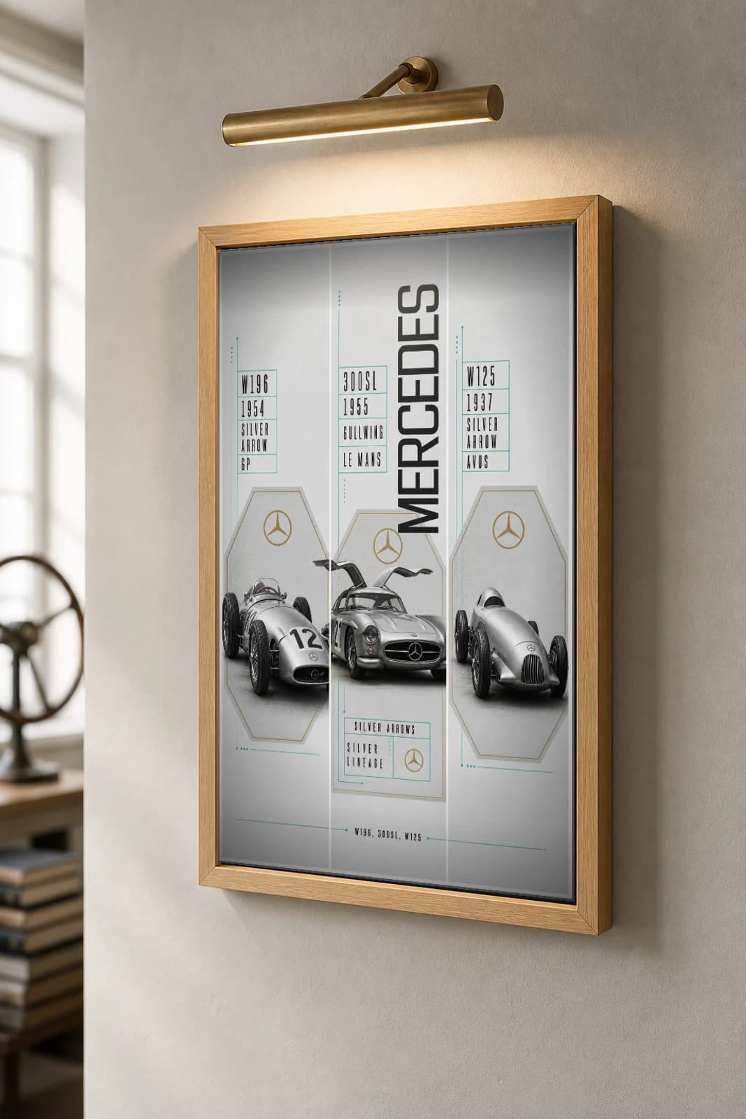 Mercedes-Benz W196 / 300SL / W125 Poster — Grand Prix · GT · Rekordwagen WEC racing wall art · #12 · framed A2 — the framed print shown at a three-quarter angle on a styled gallery wall in a natural-oak frame