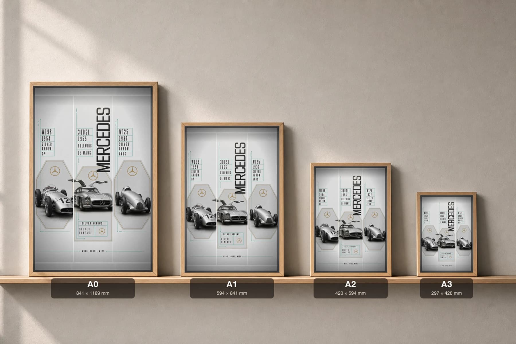 Mercedes-Benz W196 / 300SL / W125 Poster — Grand Prix · GT · Rekordwagen WEC racing wall art · #12 · framed A2 — print size guide showing the artwork at A0, A1, A2 and A3 in natural-oak frames at true relative scale