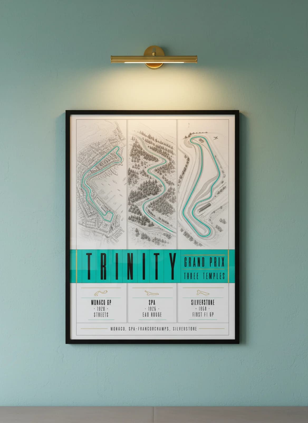 TRINITY three-panel gallery set in black A2 frame on cyan-teal lime-wash wall — Gallery Sets mockup