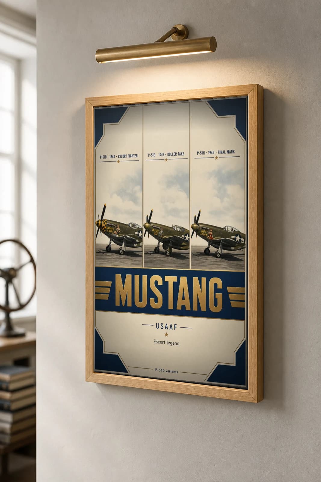 North American P-51 Mustang Poster — United States Army Air Forces (USAAF) military aviation wall art · framed A2 · 1943–1945 — the framed print shown at a three-quarter angle on a styled gallery wall in a natural-oak frame